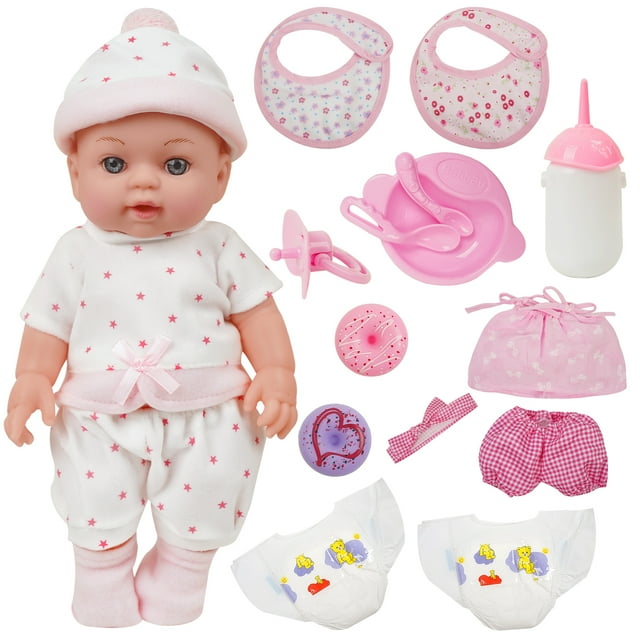 12'' Small Baby Dolls Play Set with Feeding Doll Accessories for Kids Holiday Birthday Children Toy Miaio