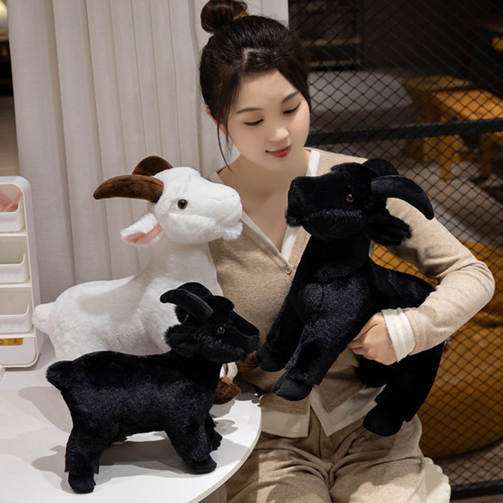 MIRROR Standing Goat Plush Toy Black White Goat Plushie Stuffed Animal Doll Pillow Home Office Bedroom Decoration Kids Adults Christmas Birthday Gift Mirror