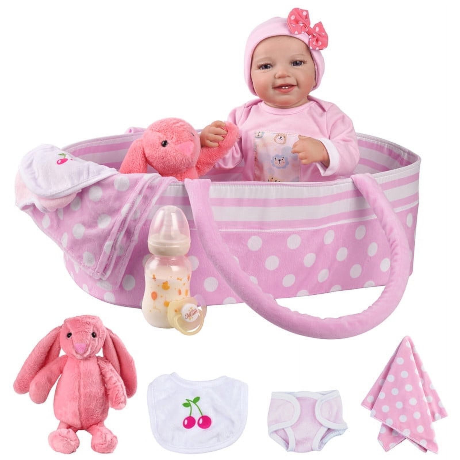 BABESIDE 17 Inch Lifelike Reborn Baby Dolls with Bassinet Baby Dolls and Accessories Gift Box, Pink Set Babeside