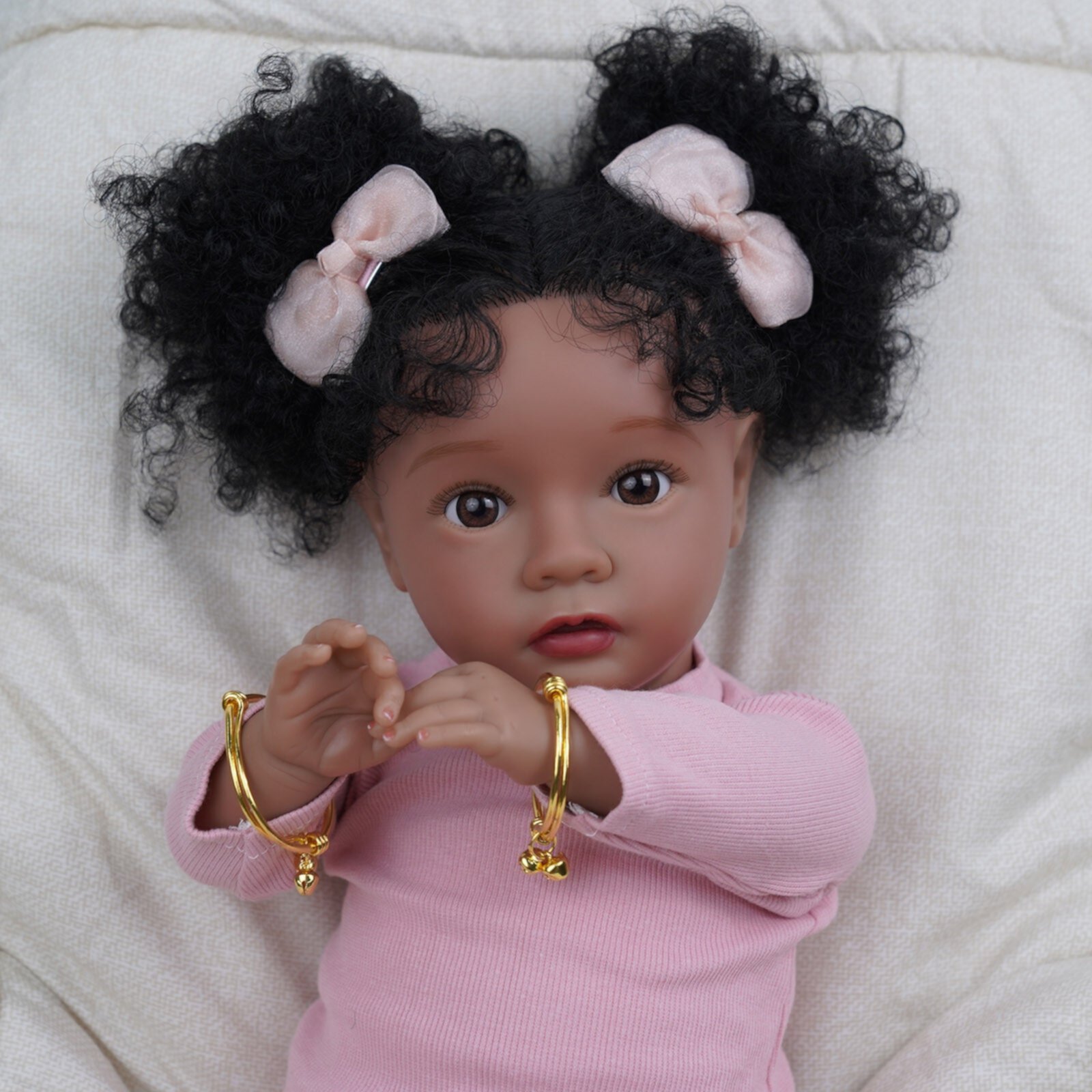 BABESIDE Lifelike Reborn Baby Dolls Daisy,20 Inch Realistic Full Body Vinyl Baby Dolls Pink Mood African American Princess Babeside