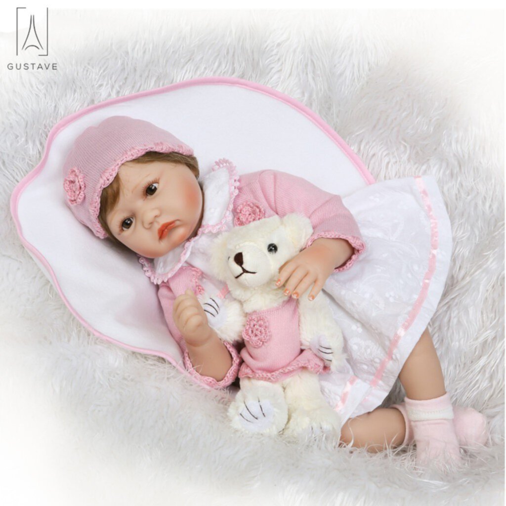 Gustave Realistic Reborn Baby Doll Girl Newborn Baby Silicone Vinyl 22" Handmade Weighted Body Pink Outfit Gift Set Gustave