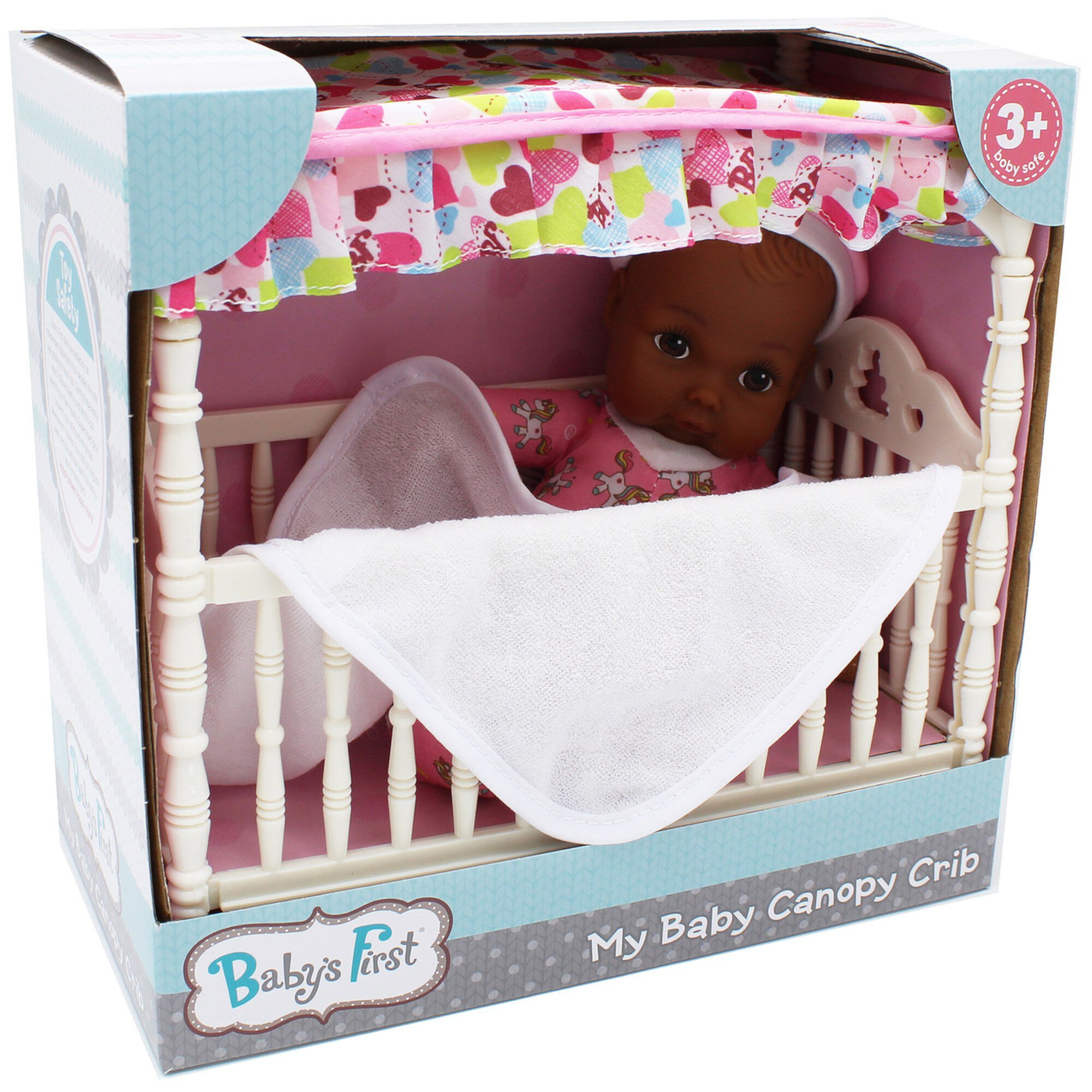 Goldberger Doll Baby's First Canopy Crib with 9" Doll African-American Baby's First