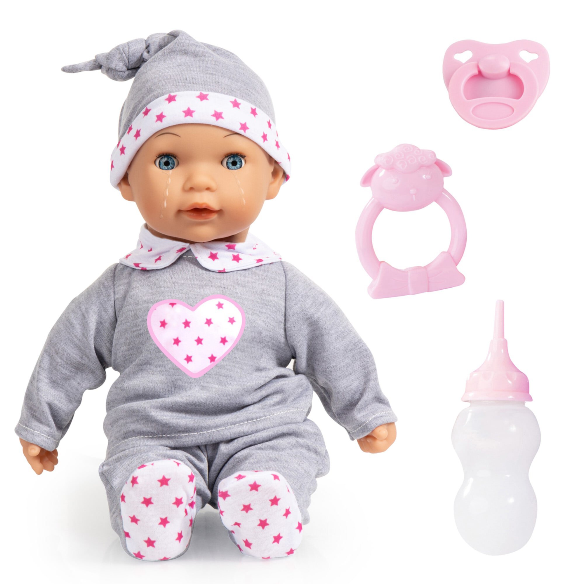 Bayer Design 15" Interactive Tears Baby Doll in Grey/Pink - W/ Sound Function, Real Tears, Sleeping Eyes, Pacifier, Bottle, Rattle, Children Ages 3+ Bayer Design