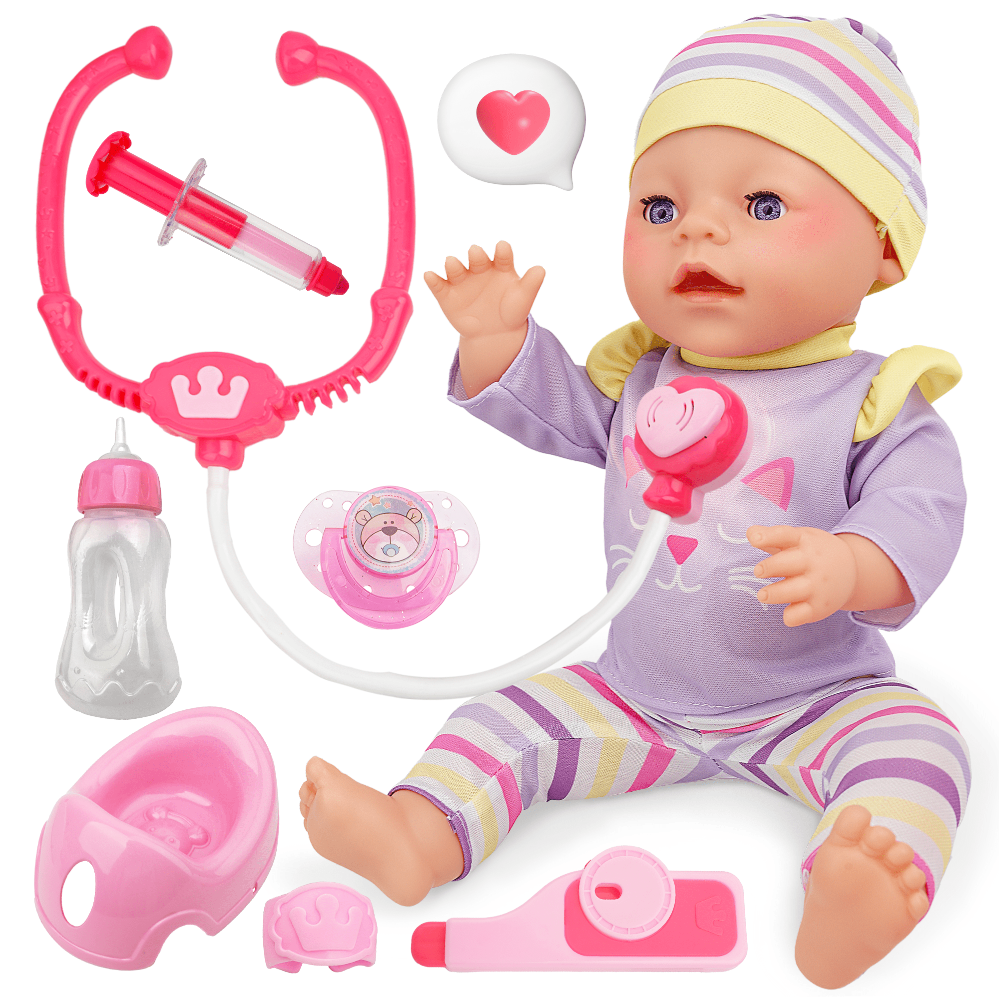 YCFUN 14'' Baby Dolls Play Set, 15pcs Baby Doll with Bottle, Chair and Accessories for Gifts Age 3+ YCFUN