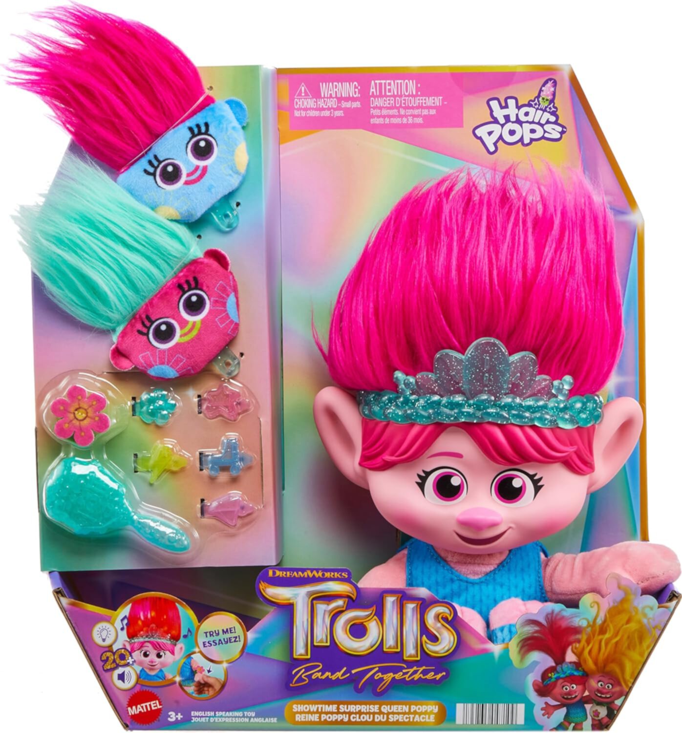 DreamWorks Trolls Band Together Plush Toy, Hair Pops Showtime Surprise Queen Poppy Doll Trolls