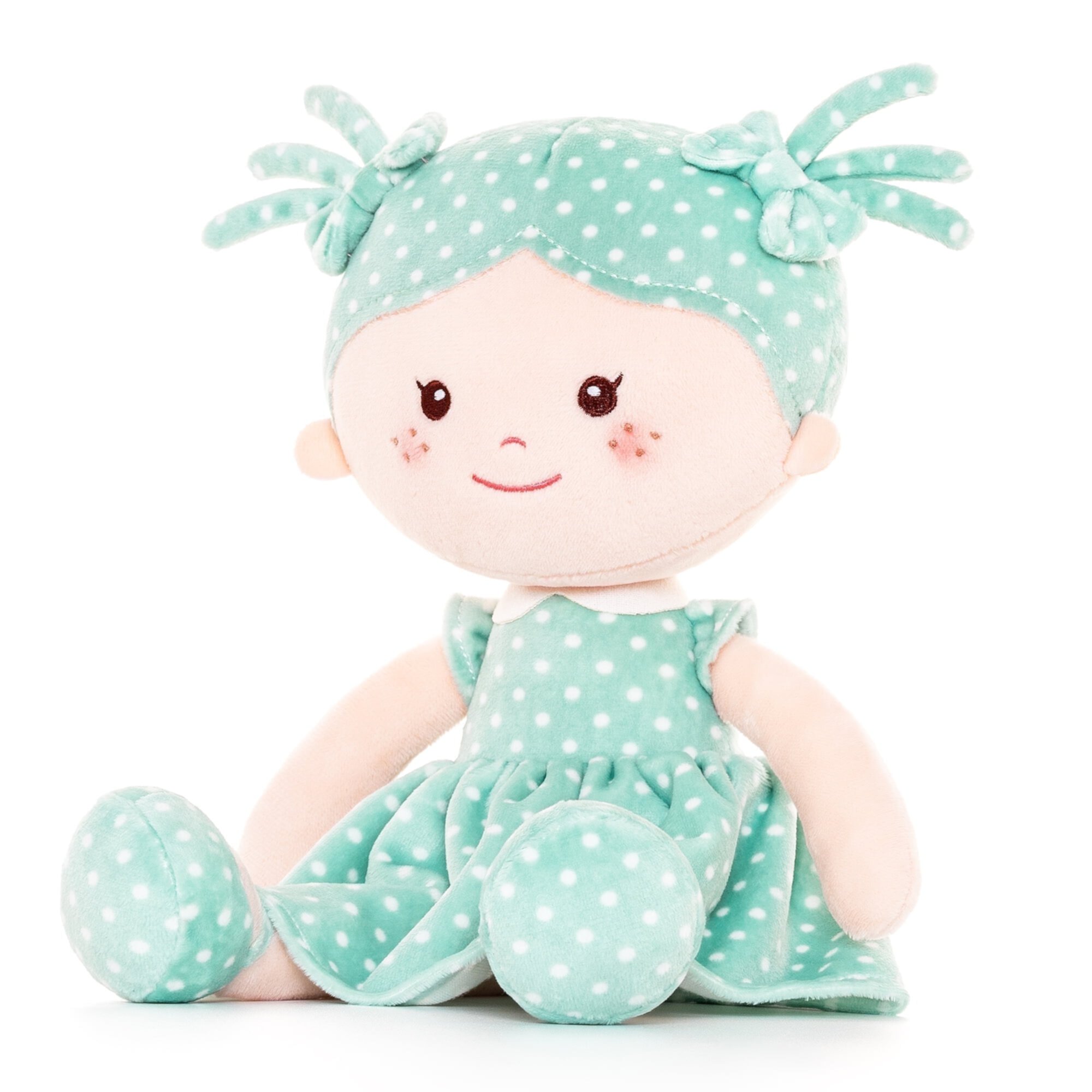 First Baby Doll Plush Rag Doll Sleeping Cuddle Buddy Doll Soft Baby Doll for Girls Wear Green Polka Dot Dress 13" None