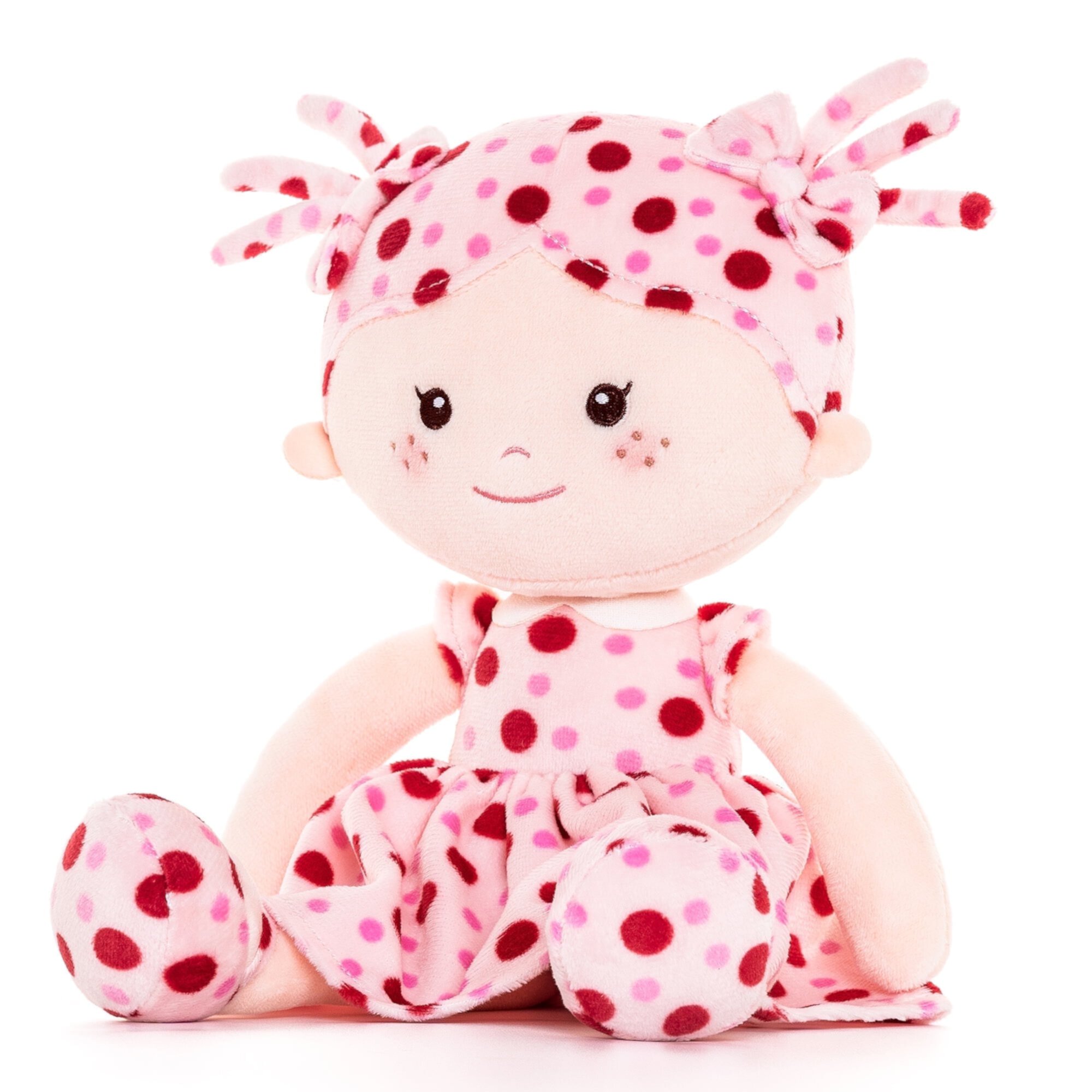 Soft Baby Doll for Girls First Baby Doll Sleeping Cuddle Buddy Doll Plush Rag Doll Wear Pink Polka Dot Dress 13" None