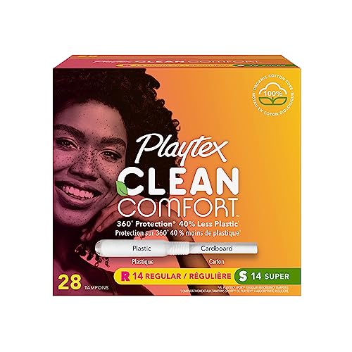 Playtex Clean Comfort Organic Cotton Tampons, Multipack (14ct Regular/14ct Super Absorbency), Fragrance-Free, Organic Cotton - 28ct Playtex