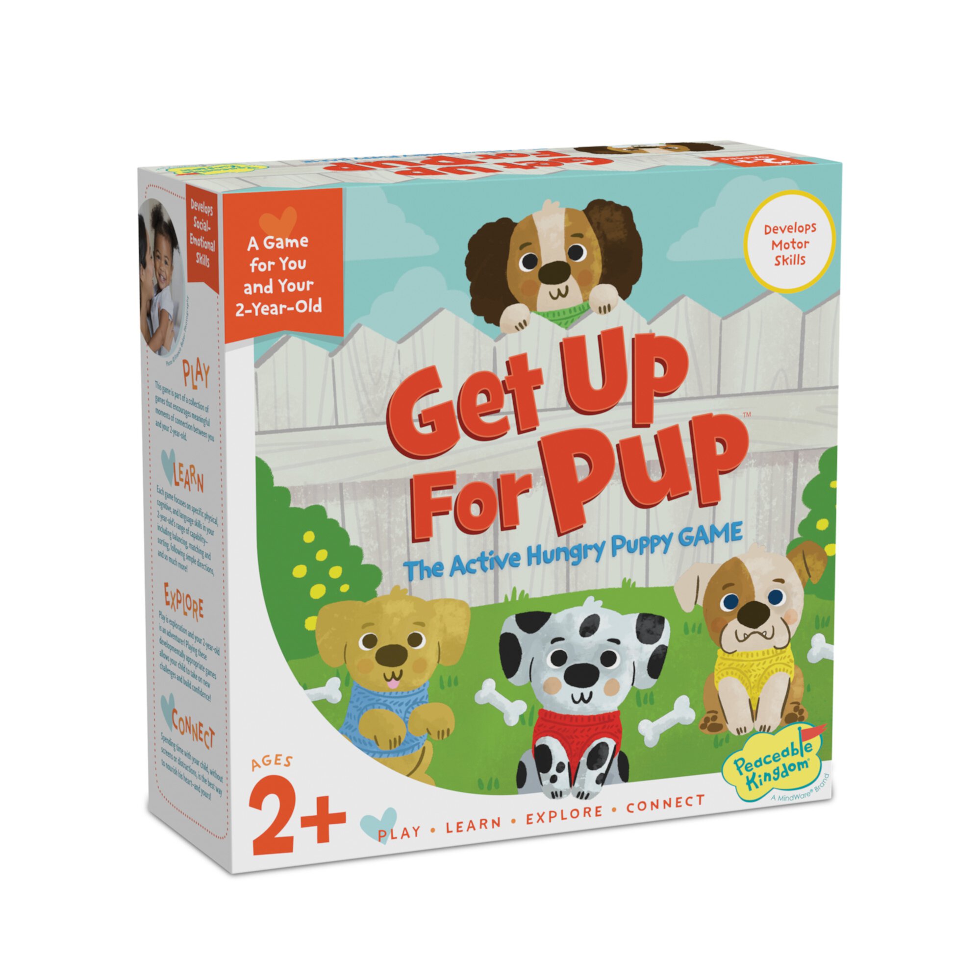 Peaceable Kingdom Get Up for Pup Skills Builder Game for Toddlers, 4 puppy cards, 4 paw print cards, 4 stuffed bones, 1 spinner Peaceable Kingdom