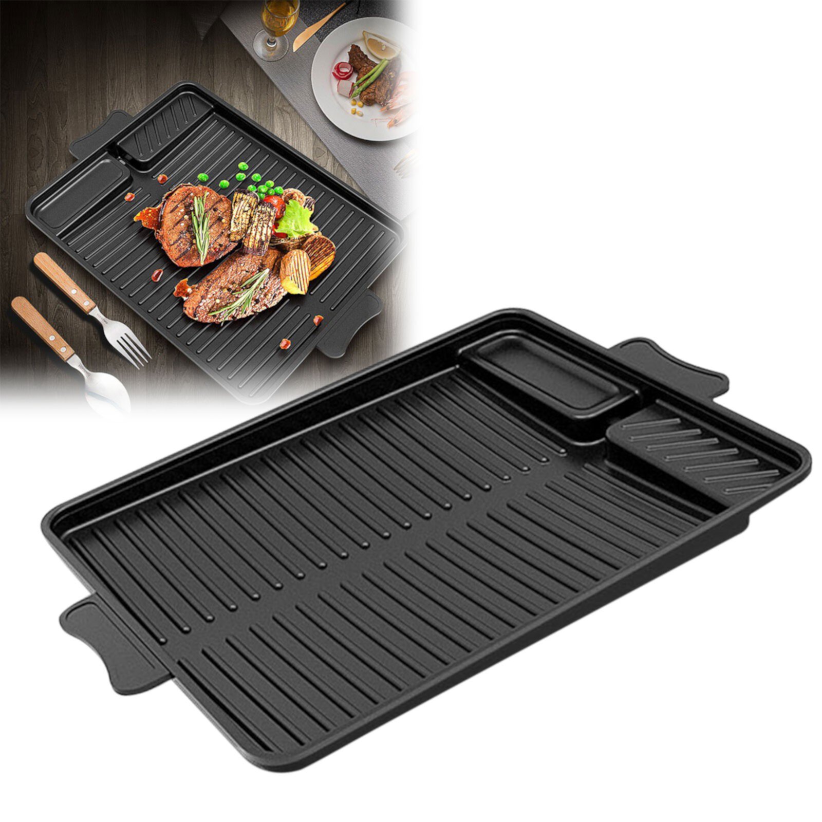 Double Sided Food Tray Board, Alloy Black Inner Tray, Square Household Baking Pan Non Stick Stone Coating Baking Pan Outdoor Barbecue Baking Pan Hxoliqit