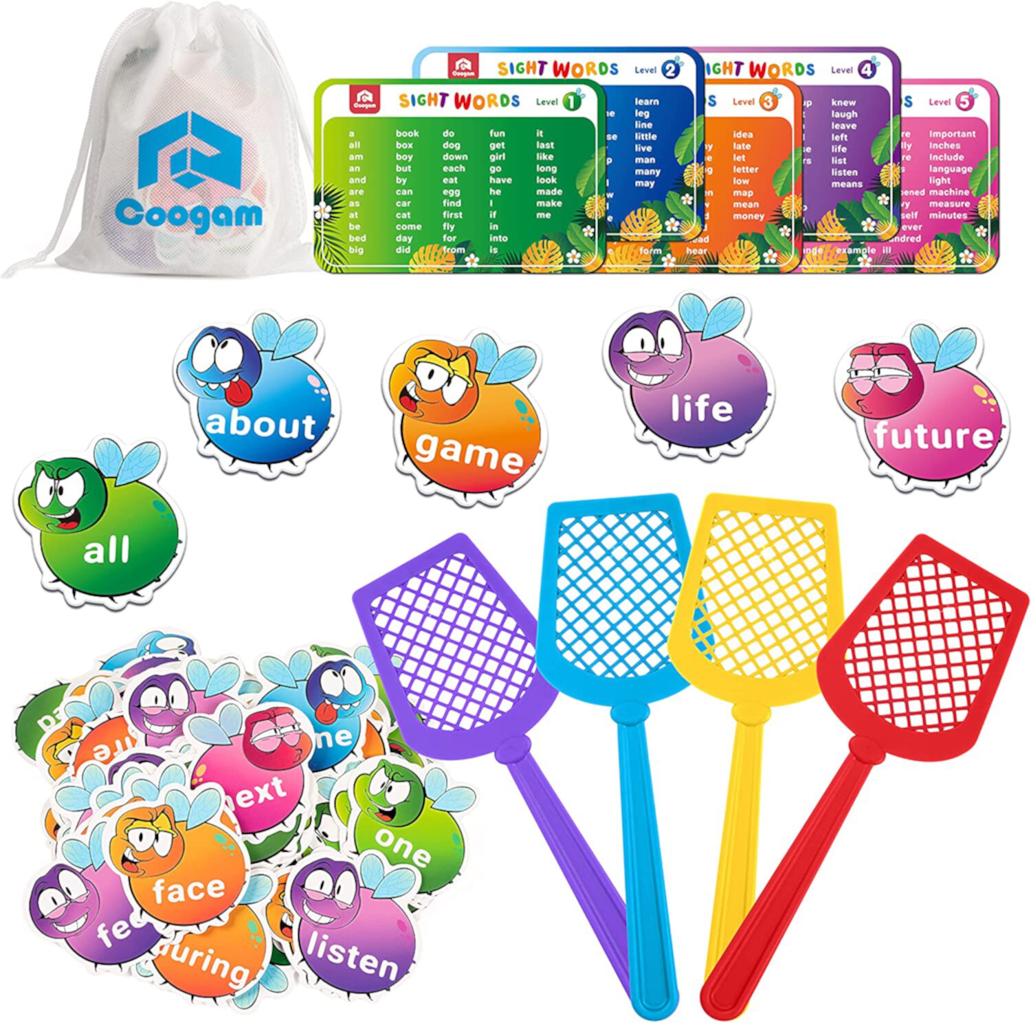 Coogam Sight Words Game with 400 Fry Site Words and 4 Fly Swatters Set, Dolch Word List Phonics, Literacy Learning Reading Flash Cards Toy Games for Kindergarten,Home School Kids 3 4 5 Year Old Coogam