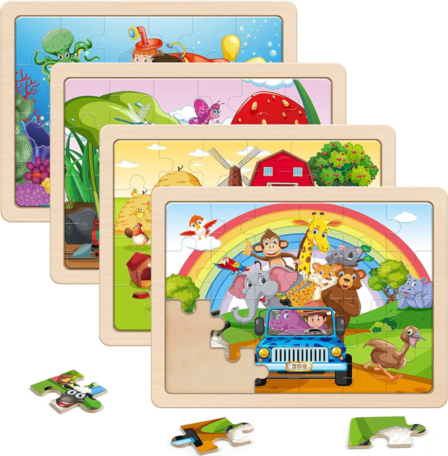 SYNARRY Large Wooden Animal Puzzles for Kids 4-in-1 Gift Box(Each 24 pcs), FSC Certified, Educational Jigsaw Puzzle for Preschool Kids Ages 3-6, Wooden Puzzles for Boys and Girls Ages 3-8 SYNARRY