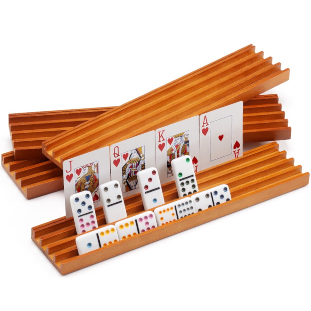 GSE Games & Sports Expert 13.75" Wooden Domino & Playing Card Racks Trays Holders Organizer  for Mexican Train, Domino Games and Card Game (Set of 4) GSE Games & Sports Expert