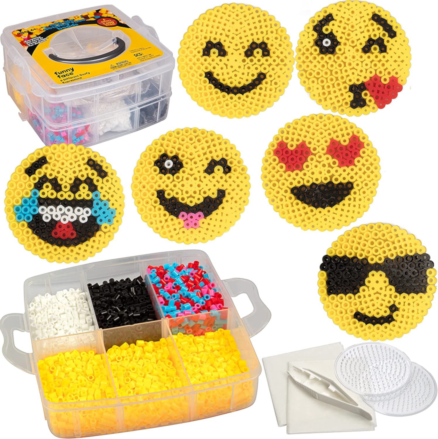 Sculpt Pro Emoji Smiley Face Fuse kit- 6 Different Emojis - 3600pcs Beads (6 Colors), Tweezers, Peg Boards, Ironing Paper, Case -Works w/ Perler Beads IDIY