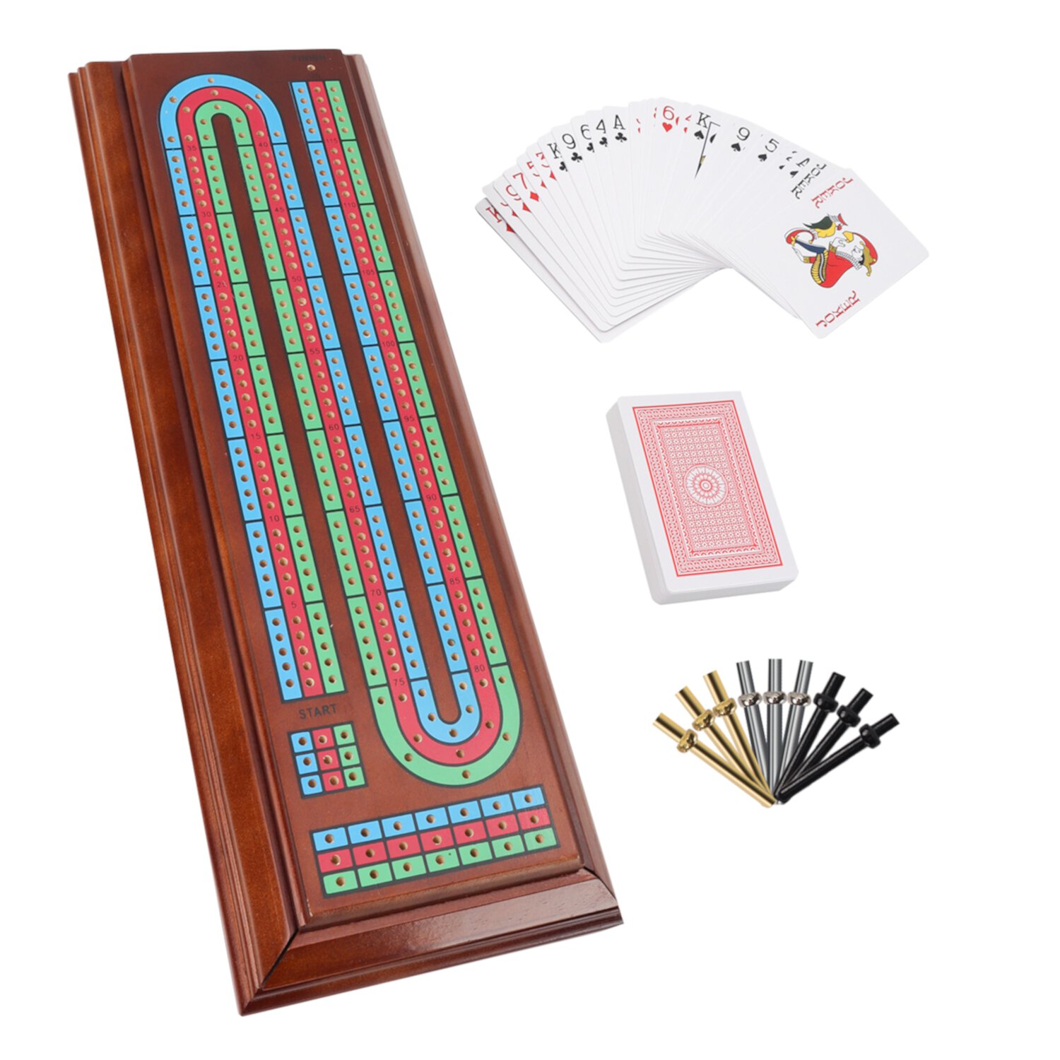 GSE Games & Sports Expert 3-Track Multi-Color Wooden Cribbage Board Game with 2 Deck Playing Cards, 9 Metal Pegs and Large Storage for Friends and Family Play GSE Games & Sports Expert