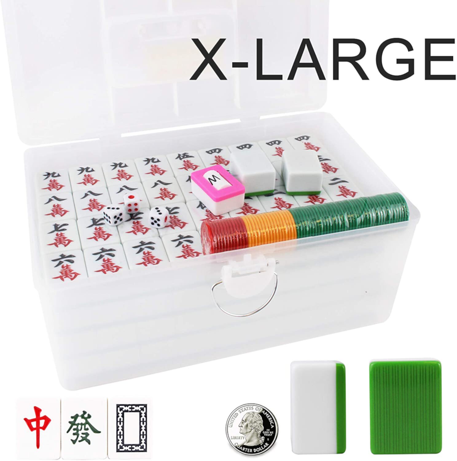 X - Large  Chinese Guangdong Tiles Mahjong Set 144 Tiles 1.5 x 1.2 x 0.9 Inches Easy-to-Read Game Set / Complete Set Gift / Birthday ( Mah-Jongg, Mah Jongg, Majiang ) (Grass Green) Smiling JuJu