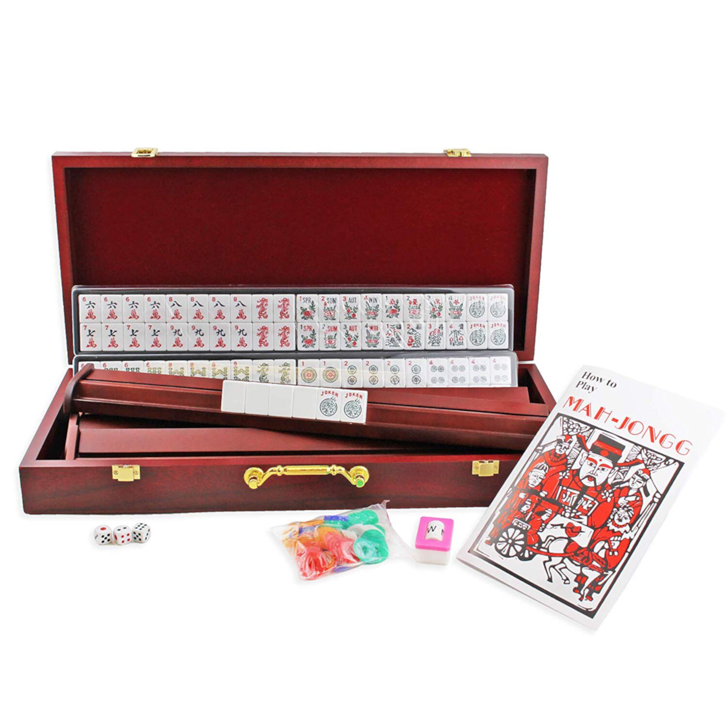 4 Wooden Racks & Pushers + Brand New Complete american Mahjong Set in Wooden Case, 166 Tiles Smiling JuJu