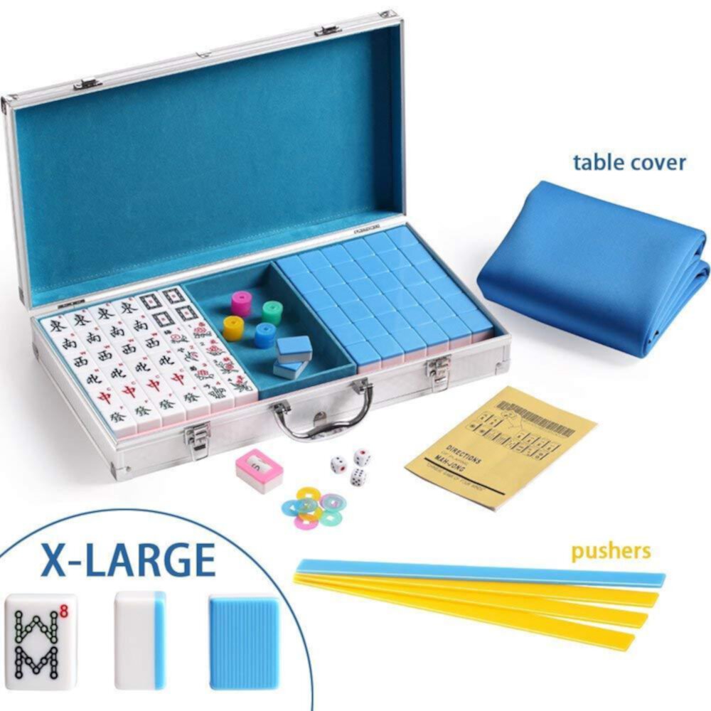 144 Blue Tiles Chinese Mahjong Silver aluminum Case with Pushers and Cover Set Smiling JuJu