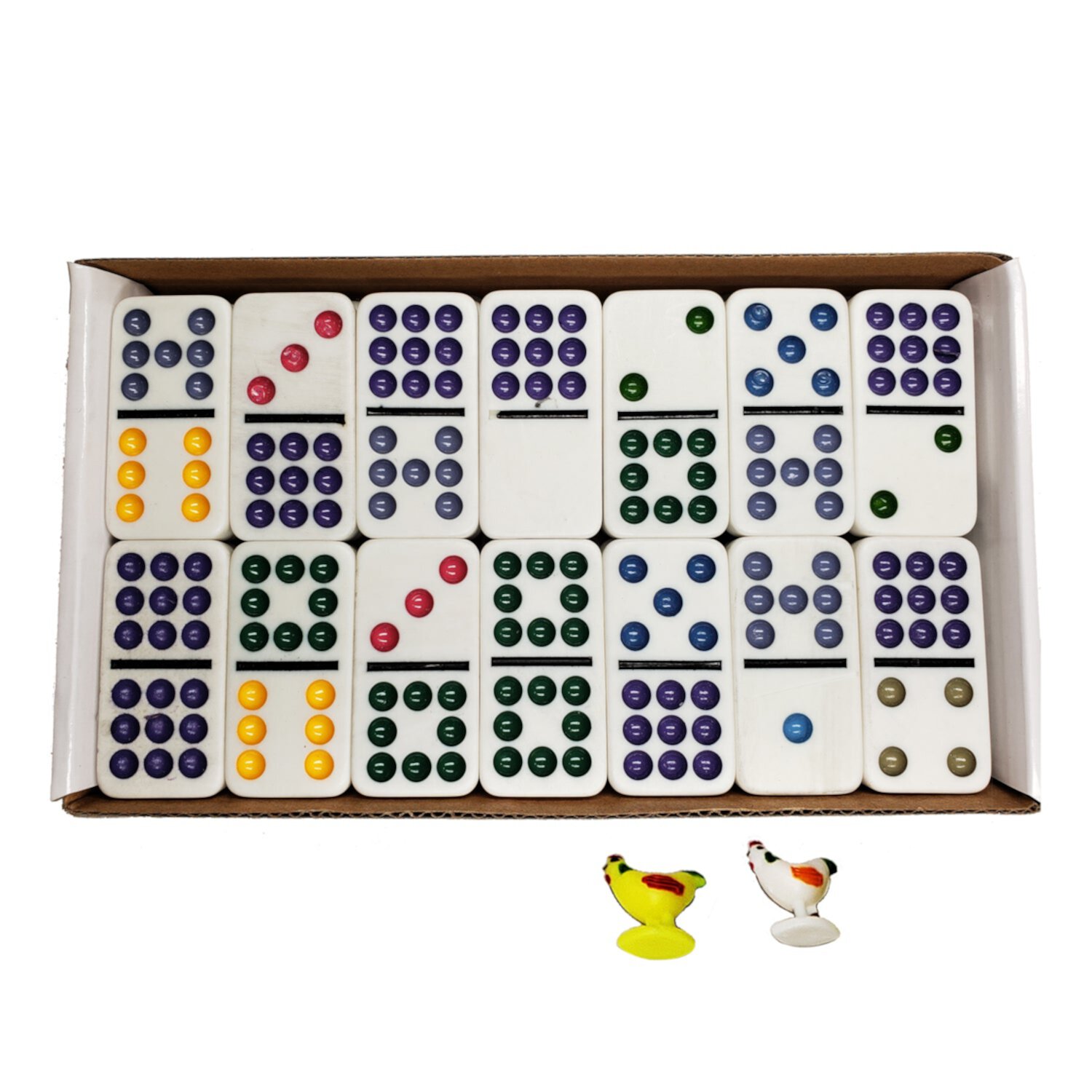 Professional Double-9 Chicken Domino Set | with a centerpiece and two chicken markers | COLOR DOTS | Dimensions 8" x 4.5" x 1.75" | Popular Game | G8Central