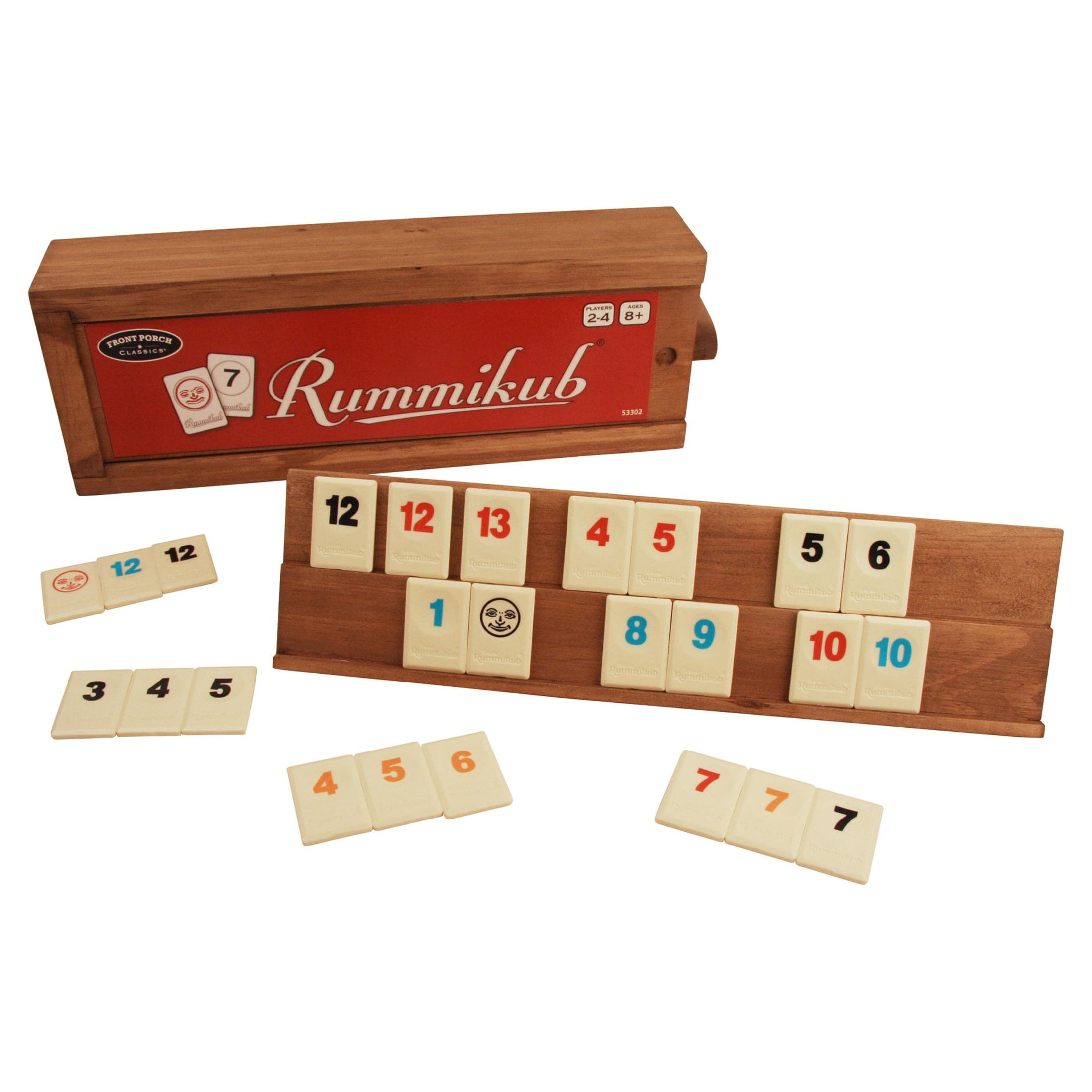 Front Porch Classics | Rummikub Vintage Edition in All-Wood Storage Case with 4 Built-in Player Trays and 106 Rummikub Tiles, for 2 to 4 Players Ages 8 and Up Front Porch Classics