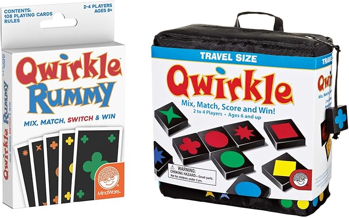 MindWare Qwirkle Strategy Games Pack of 2,  Travel Games Kit Includes Qwirkle Travel and Qwirkle Rummy MindWare