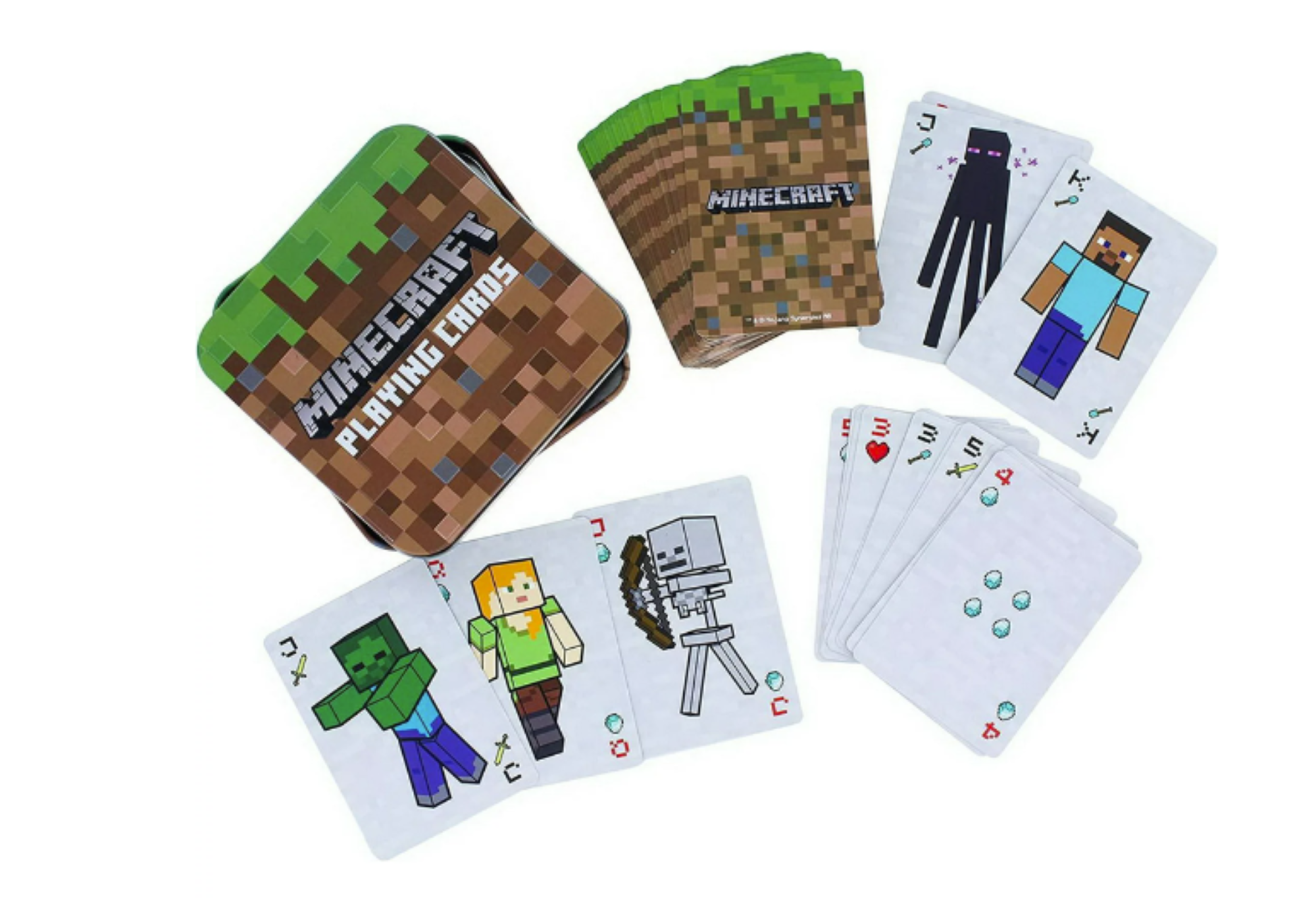 Minecraft Playing Cards Includes:  52x Playing Cards, 2x Joker Cards, 1x Metal Storage Tin Minecraft