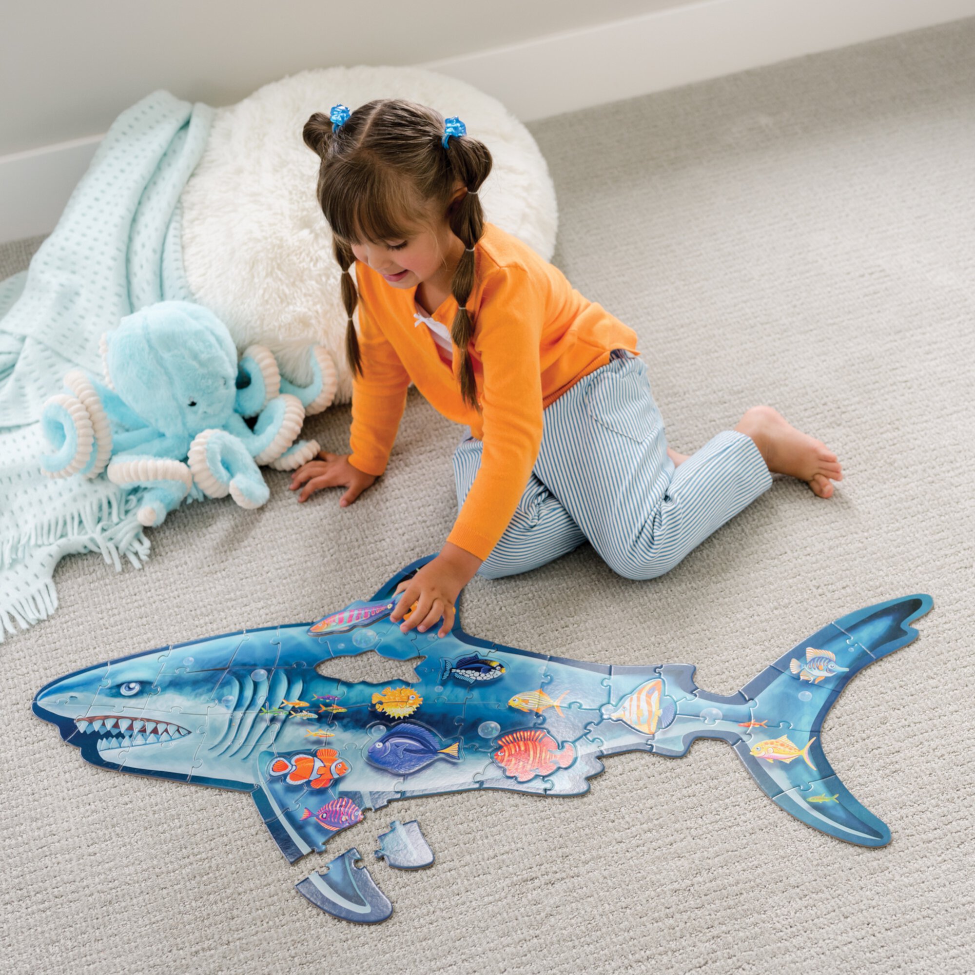 Peaceable Kingdom Shiny Shark Floor Puzzle, 53-Piece Giant Floor Puzzle for Kids Ages 5 & up, Fun-Shaped Puzzle Pieces, Great for Classrooms Peaceable Kingdom