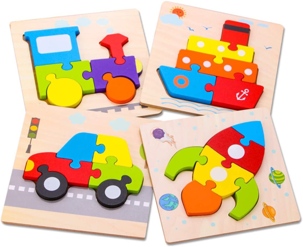 INvench 4Pack Puzzles for Kids, Wooden Vehicle Puzzle Toy for Toddlers 1 2 3 Year Old INvench