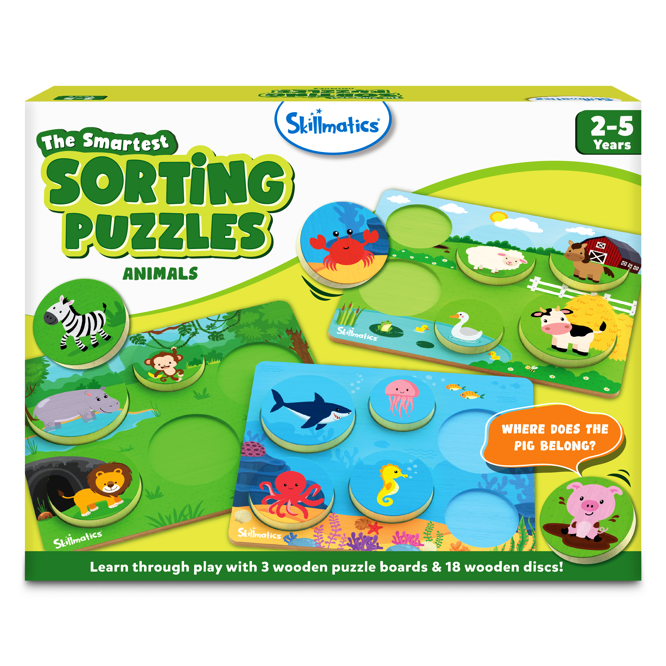 Skillmatics Wooden Sorting Puzzles - 3-in-1 Learning Toy, Animal Puzzles for Toddlers Ages 2 to 5 Skillmatics