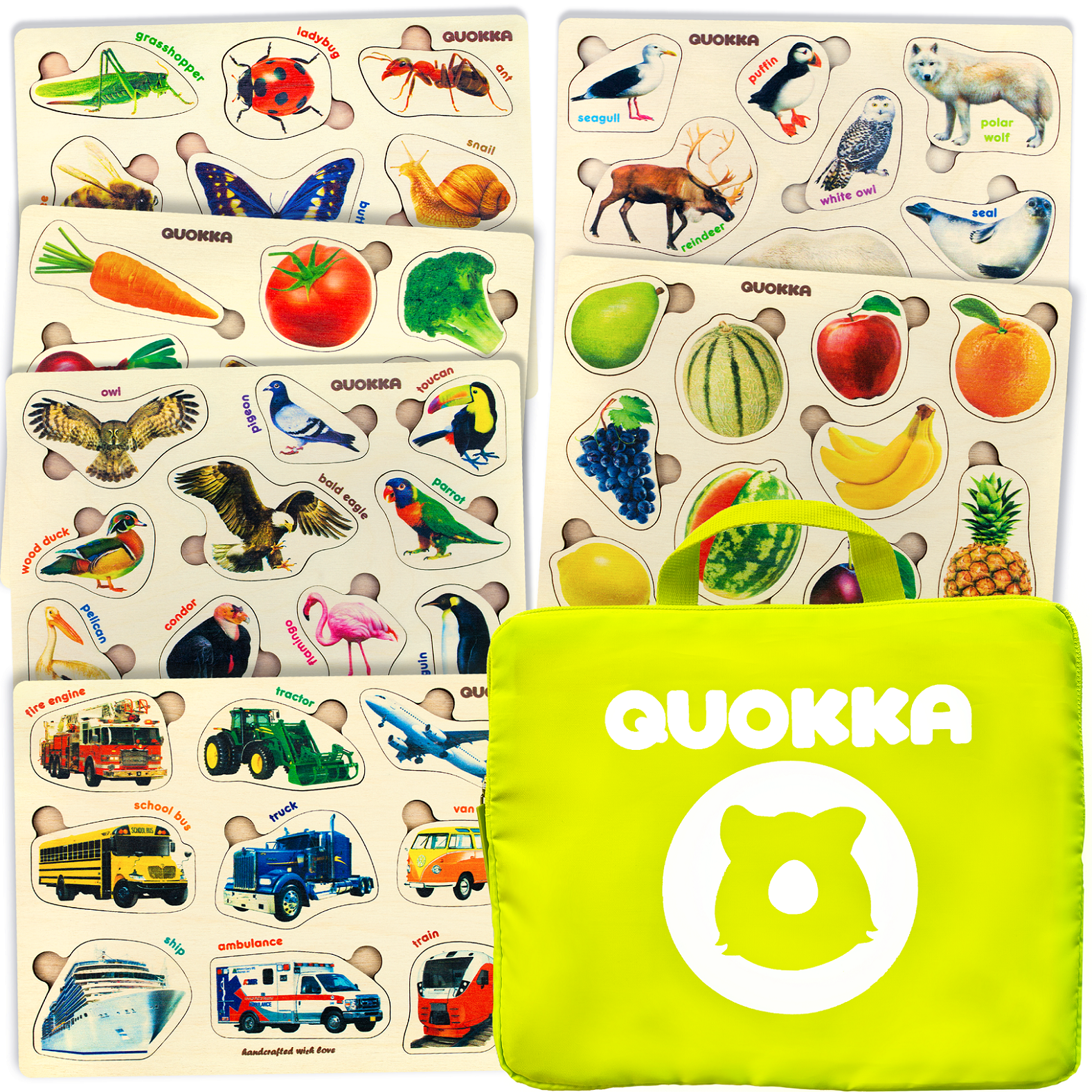 QUOKKA Set of 6 Wooden Puzzles for Toddlers Ages 1 4 - Children's Wood Toys for Learning Realistic Animals Fruits Veggies Vehicles - Gift for Boys and Girls QUOKKA