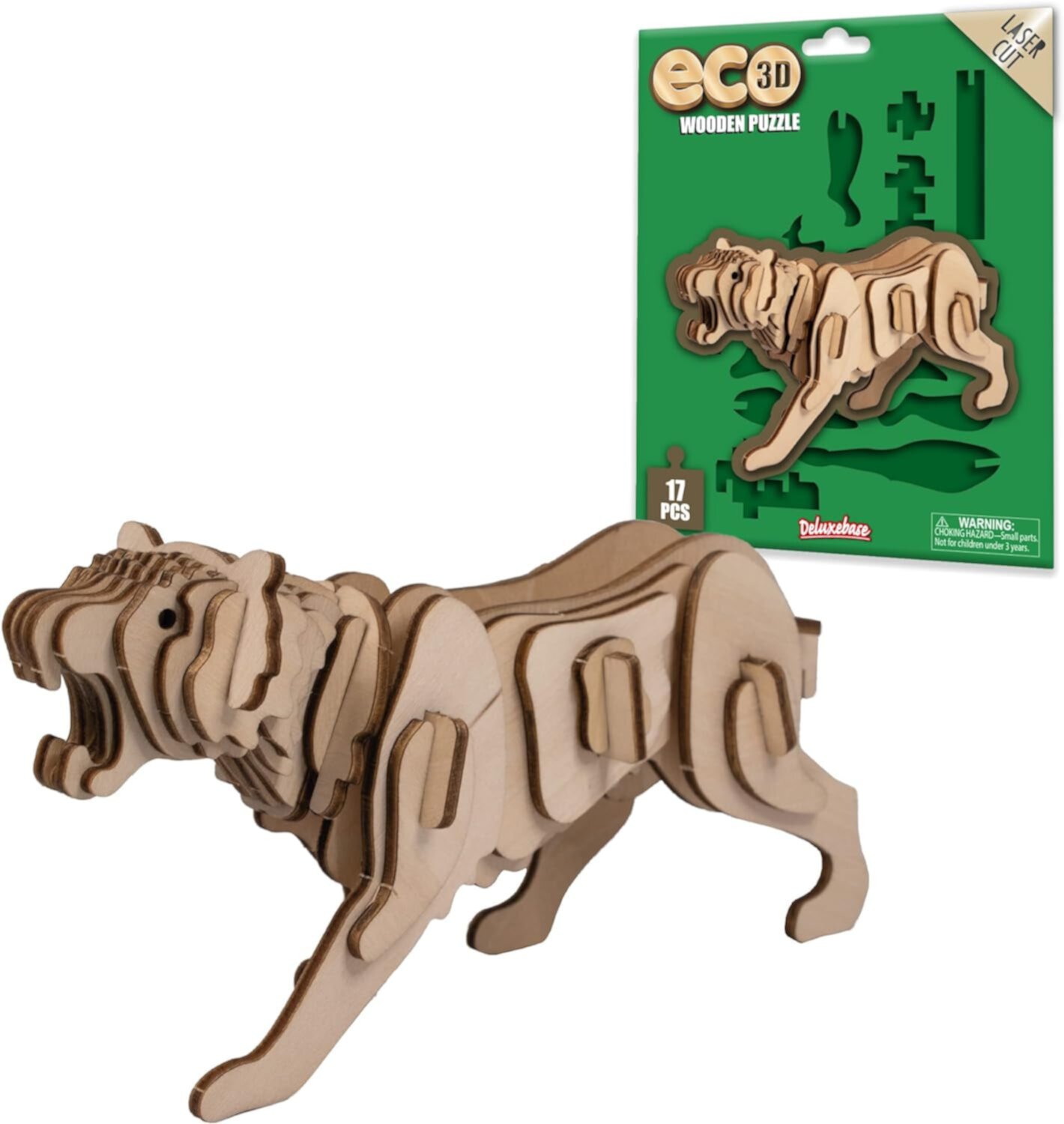 Eco 3D Wooden Puzzle Tiger from Deluxebase. Animal Themed DIY 3D Puzzle Craft Kit.  Sustainable Wood Safari Animal Toys. Perfect Model Building Kits for Educational Toys and Kids Party Favors Deluxebase