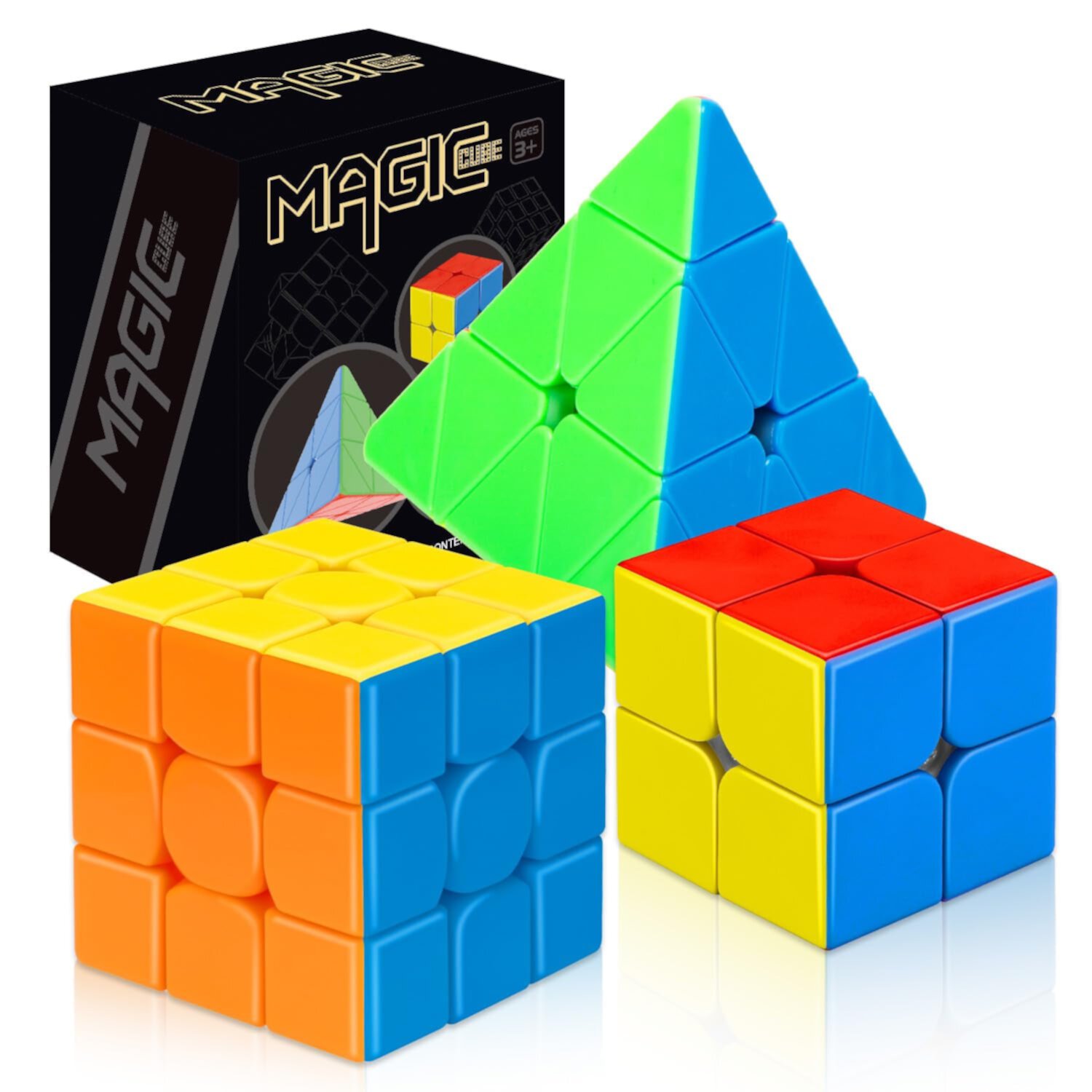 TOY Life Speed Cube Set 3 Pack Magic Cube - Includes Speed Cubes 3x3, 2x2 Speed Cube, Pyramid Cube - Smoothly Puzzle Cube Collection for Kids Teens & Adults (Stickerless) TOY Life