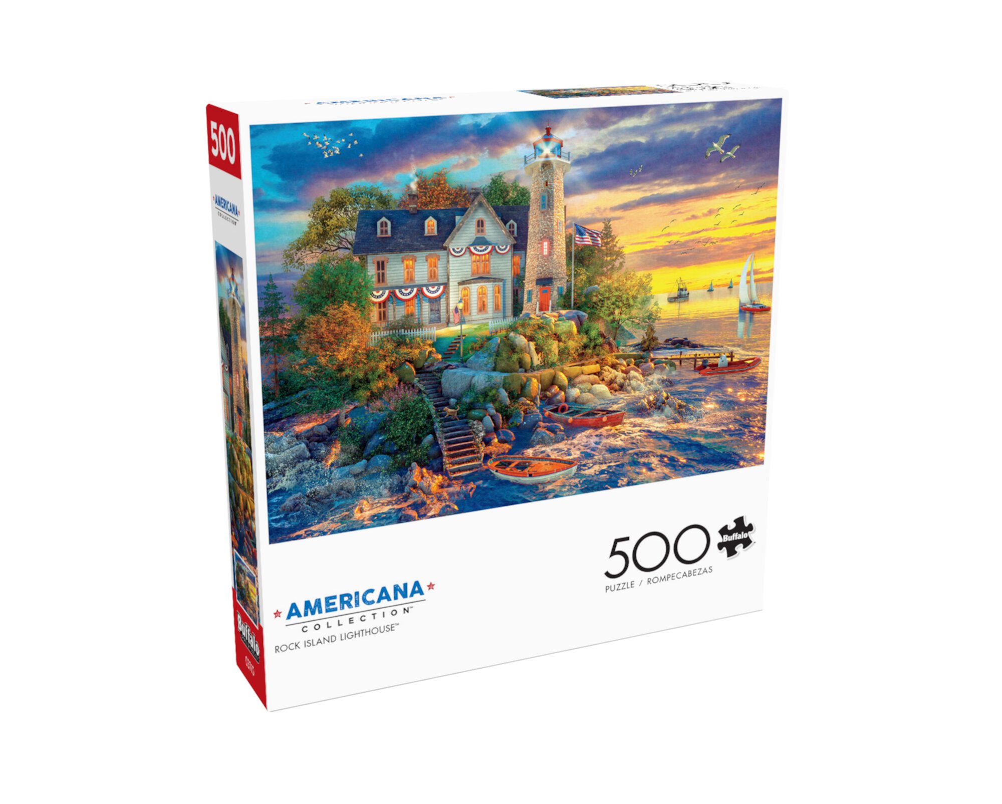 Buffalo Games Americana Collection Rock Island Lighthouse 500-Piece Interlocking Jigsaw Puzzle for Adults Ages 14+ Buffalo Games