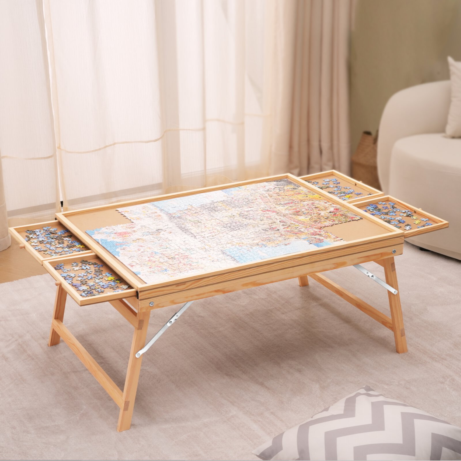 SKYSHALO 1500 Piece Puzzle Board with Folding Legs & 4 Sliding Drawers ，32.7" x 24.6" Puzzle Cover Jigsaw Puzzle Table Portable Wood Puzzle Tray for Adults and Kids SKYSHALO