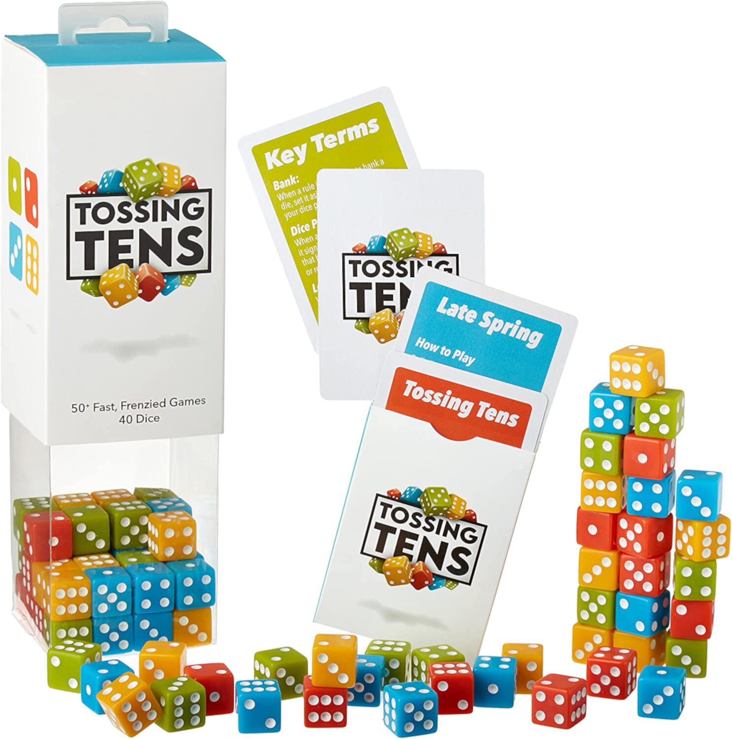 Tossing Tens: 50+ Fast, Frenzied Dice Games – Includes 4 Sets of Dice in 4 Colors (40 Total) & Deck of 50+ Unique Dice-chucking Activities for Family Game Night, 2-4 Players & Quick Play Time Brybelly