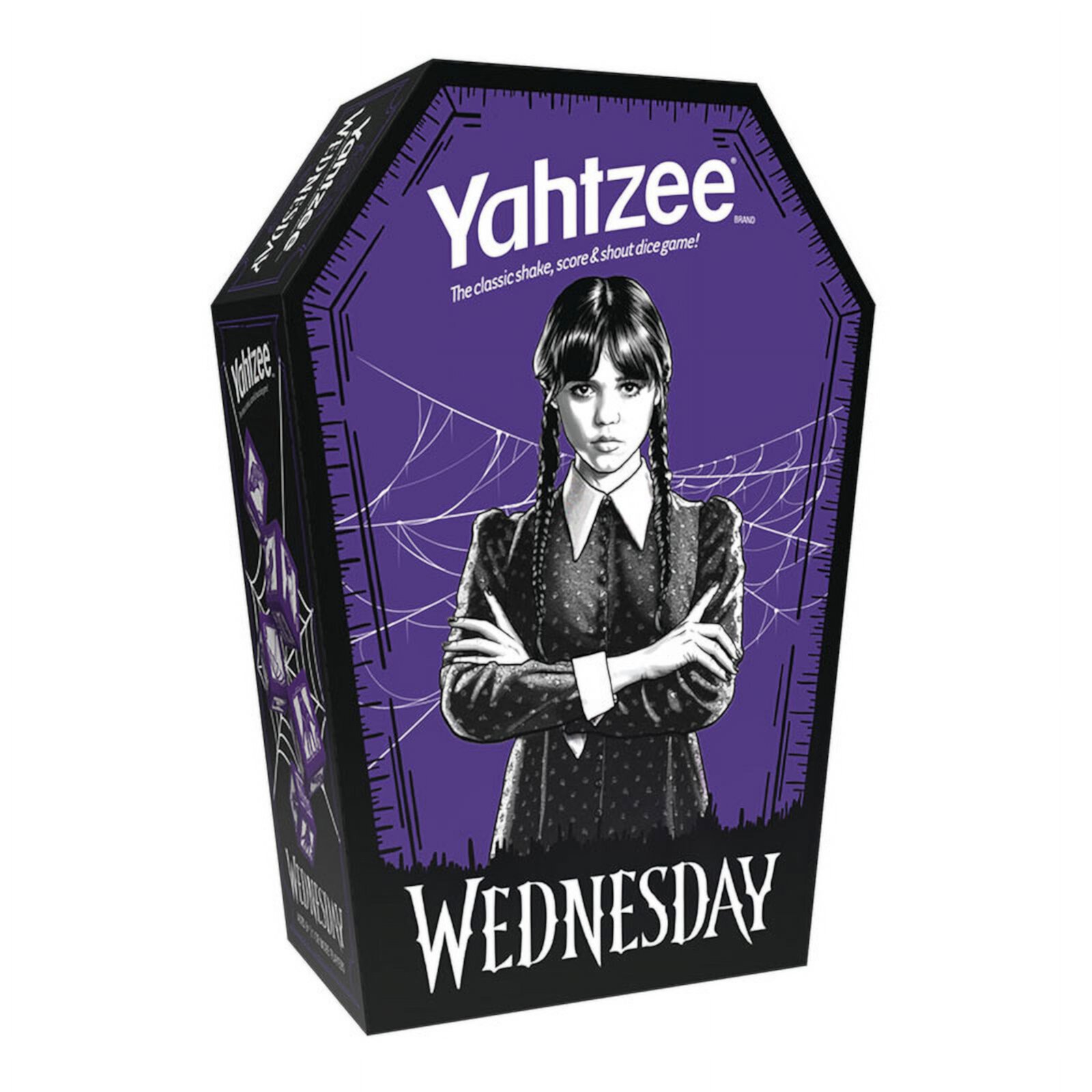 Yahtzee: Wednesday Dice Game, Collectible Flocked Interior Coffin Dice Cup, Classic Game Based on Addams Family Character Wednesday Addams, Officially Licensed Wednesday Game & Merchandise USAopoly