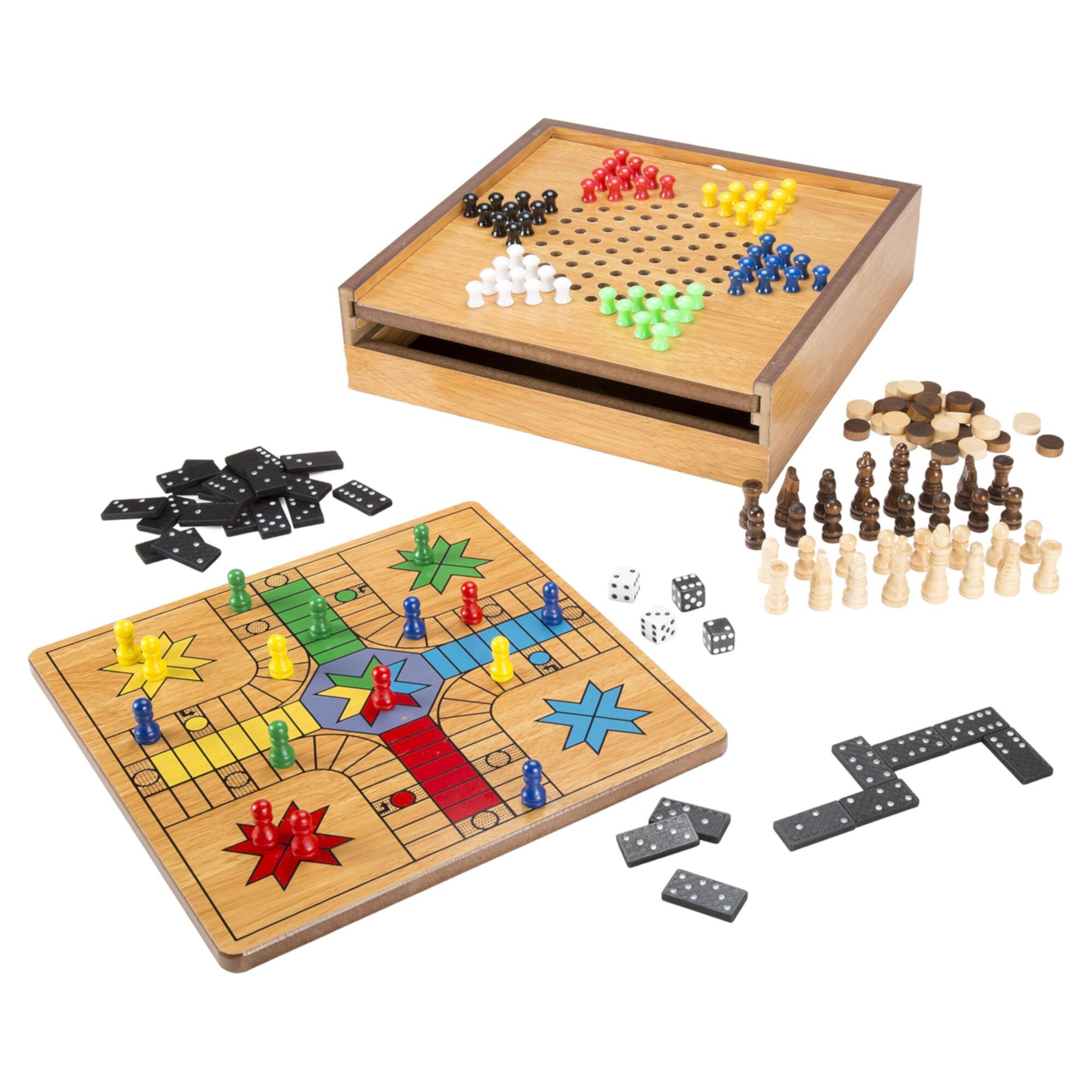 7-in-1 Combo Game - Chess, Ludo, Chinese Checkers, Checkers, Backgammon, Dominoes, Tic-Tac-Toe for Adults and Kids Hey! Play!