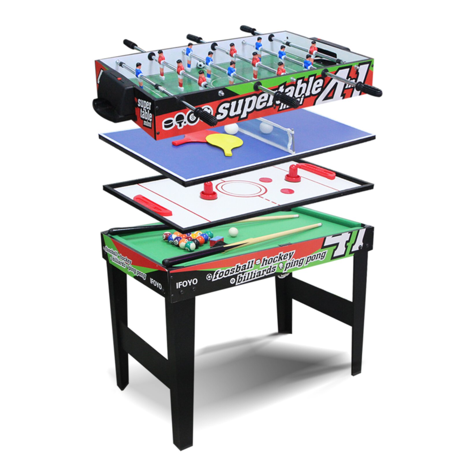 RoamReady 4 in 1 Multi Combo Game Table, Hockey Soccer Foosball Pool Table Tennis for Home Game Room, Green 3 ft RoamReady