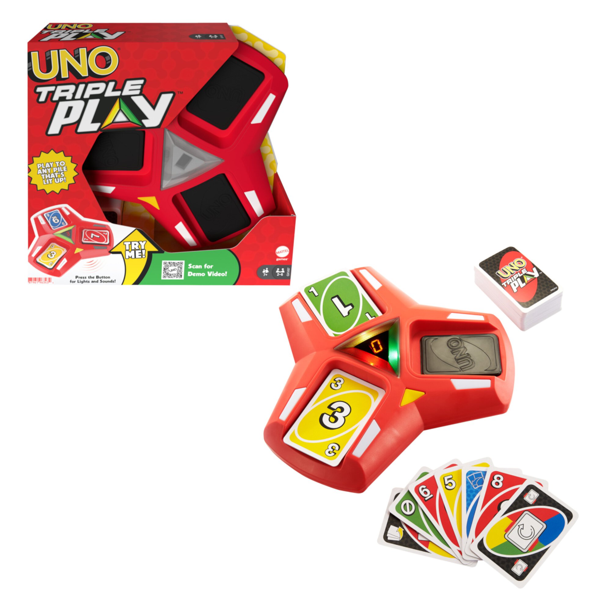 UNO Triple Play Card Game for Family Night Featuring 3 Discard Piles, Lights & Sounds UNO