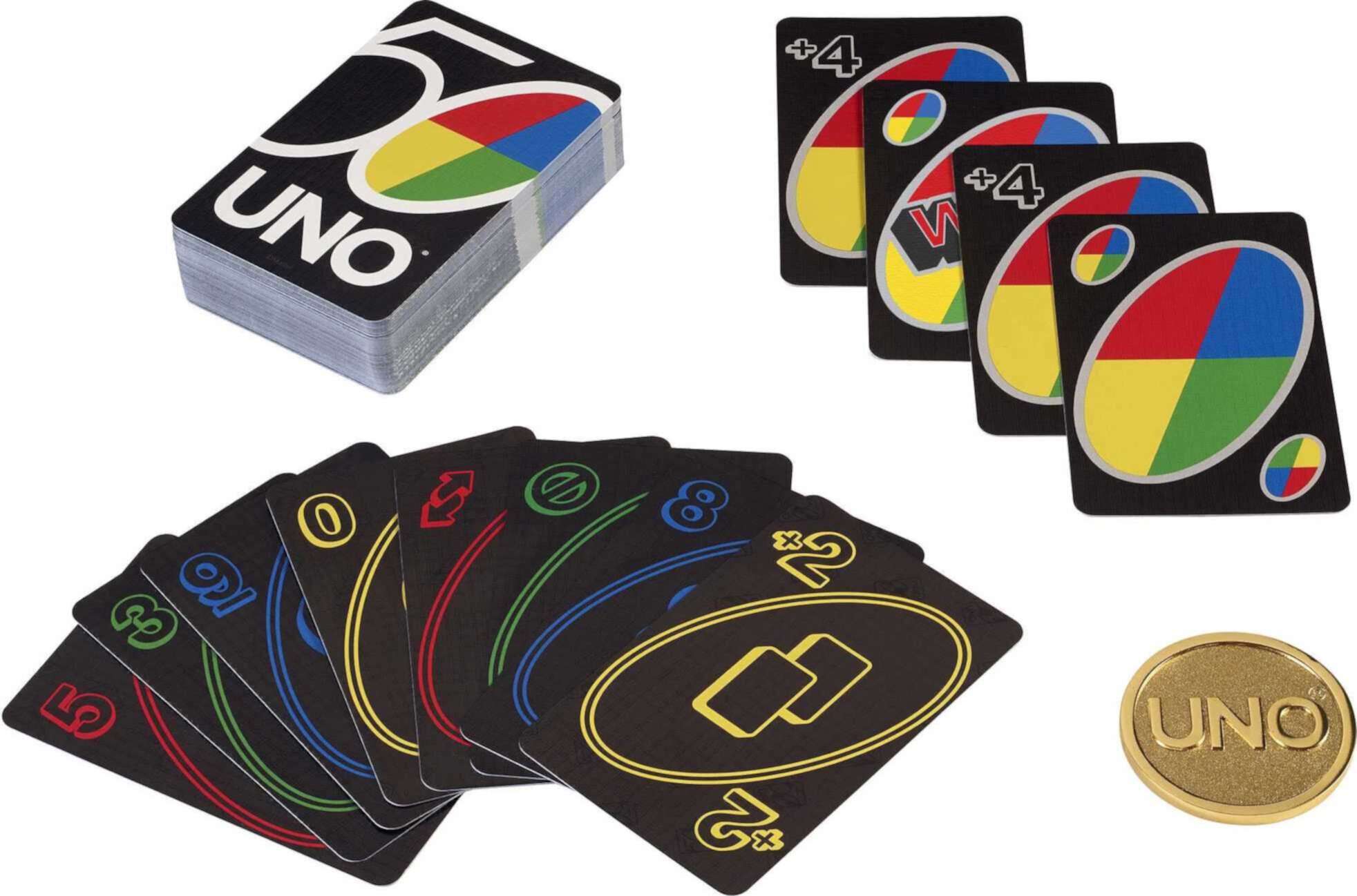 UNO Card Game for Kids, Adults and Game Night with Special Wild Cards and Anniversary Gold Coin UNO