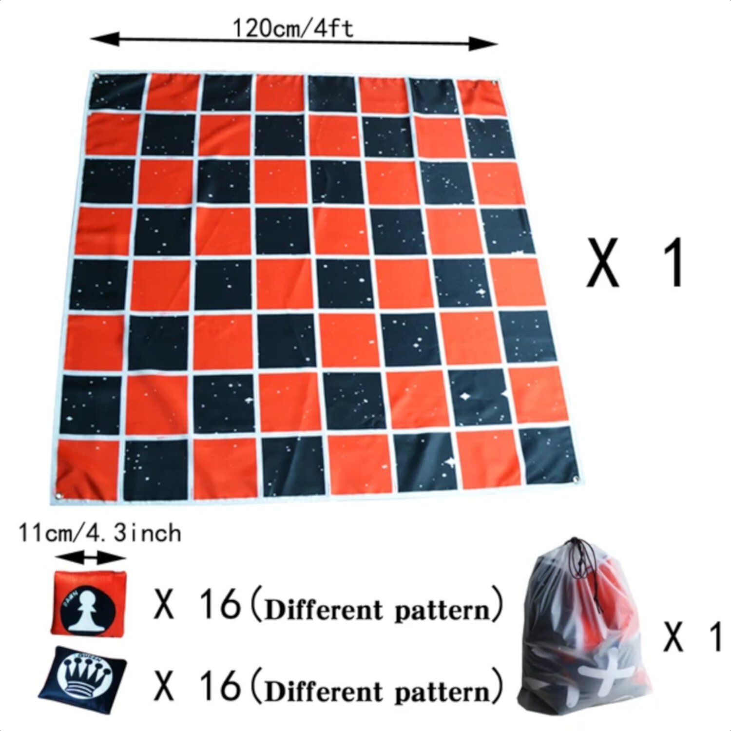 CHNGYDZ Extra-large Gigantic 4-in-1 Jumbo Chess Board Game - 4FT  Giant Tic Tac Toe  Checkers & More - Durable Machine-Washable Canvas - Jumbo Sized 4.33inch/11cm Beanbag Included CHNGYDZ