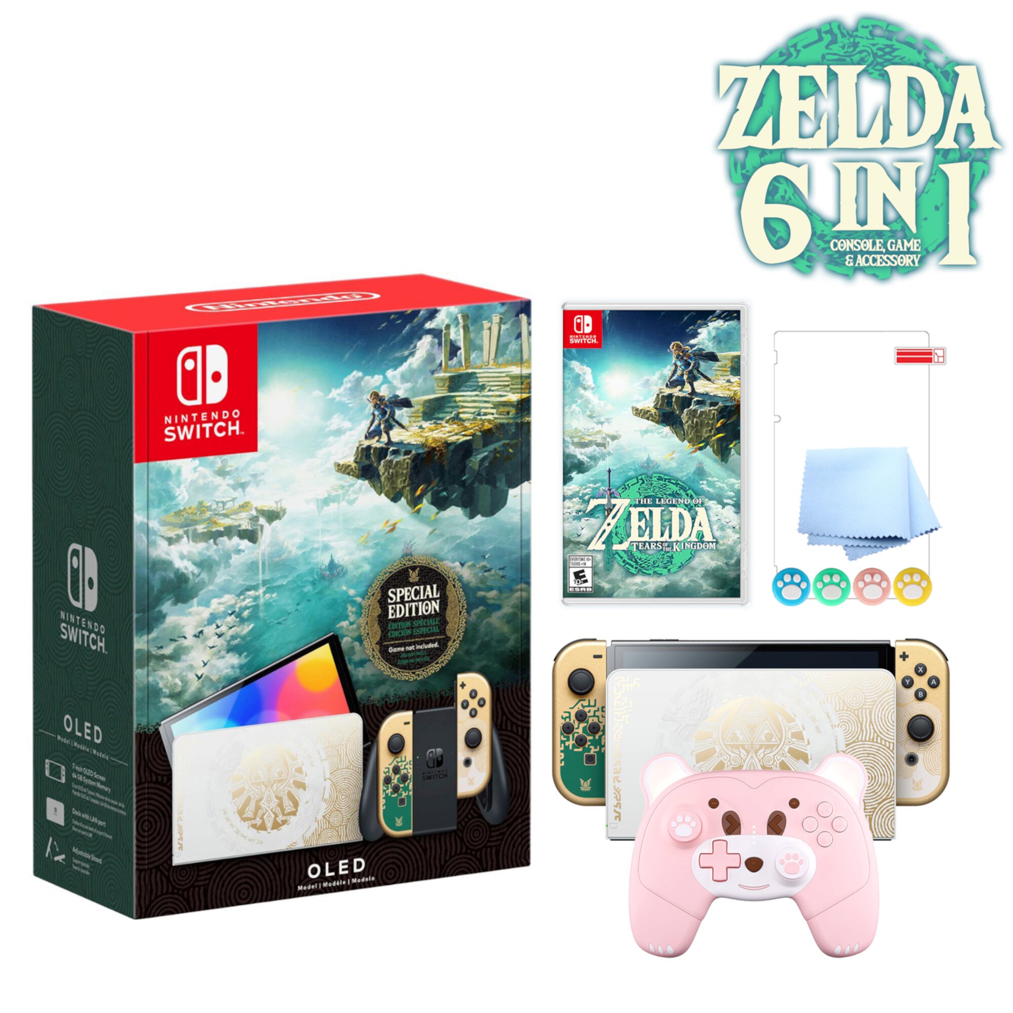 2023 Nintendo Switch OLED Zelda Edition, Green & Gold Joy-Con 64GB Console, Hylian Themed Dock, Zelda: Tears of the Kingdom Game, Mytrix Berry Pro Controller, 3 Accessories: 6 in 1 Bundle -JP Version Nintendo