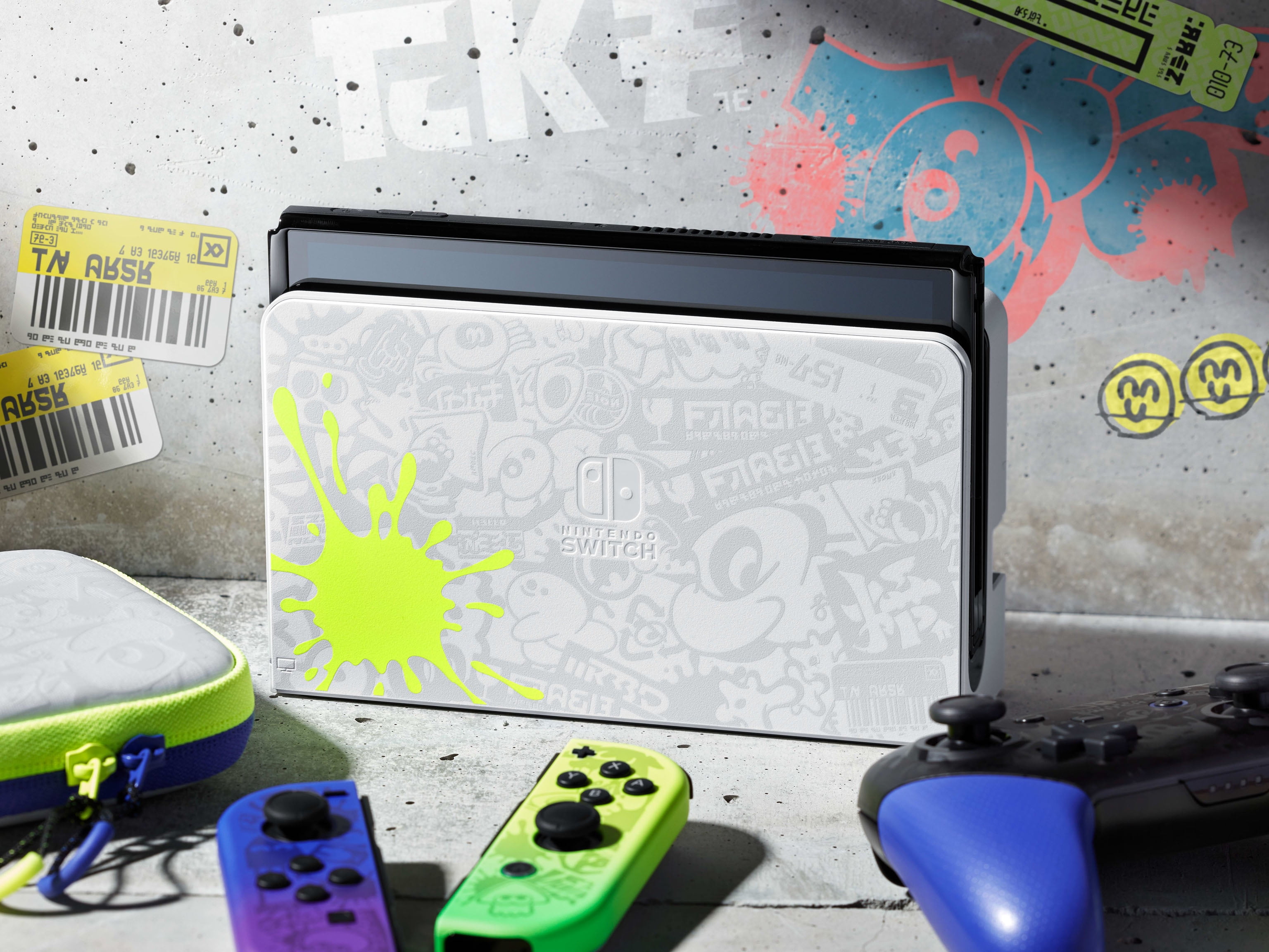 2022 Nintendo Switch OLED Splatoon 3 Limited Edition with Splatoon 3 Game, Blue & Yellow Gradient Joy-Con 64GB Console, LAN-Port Graffiti-themed Dock, Mytrix Bamboo Wireless Pro Controller & Accessory Nintendo