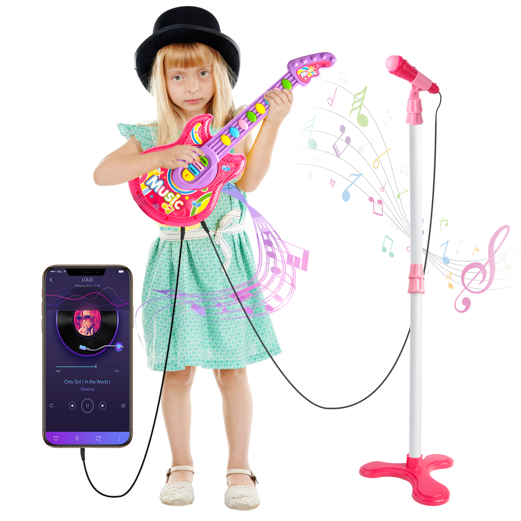 UUGEE Kids Guitar Toys for Girls 3-6 Years, Child Pretend Flash Electric Play Musical Instrument Toy with Mic Stand, Pink UUGEE