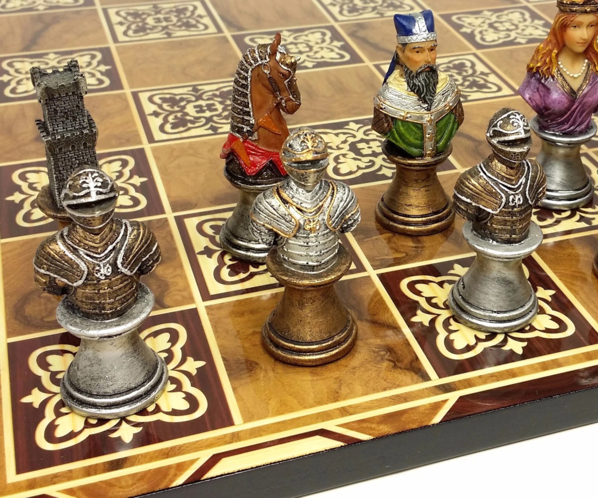 Medieval Times Crusade Painted Busts Knight Chess Set 17" Burlwood Color Board HPL