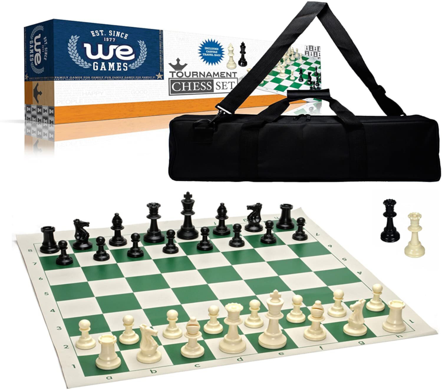 WE Games Weighted Complete Tournament Chess Set - Green Roll-up Chess Board - Wood Expressions, Inc. WE Games