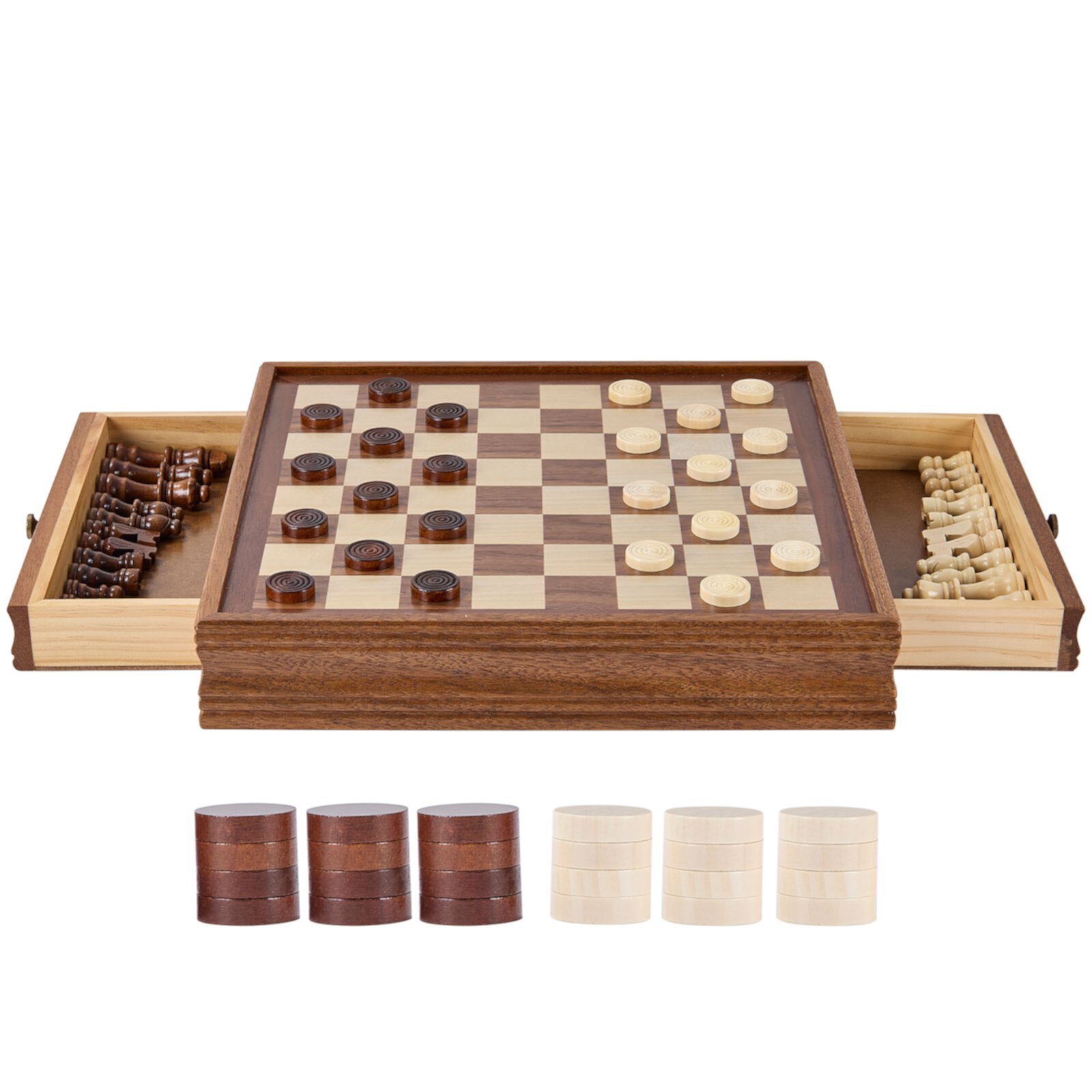 SKYSHALO 15inch 2-in-1 Large Solid Wooden Chess and Checkers Board Game Combo Set, Portable Chess Board Game with Storage Drawer for Adults Children Game SKYSHALO