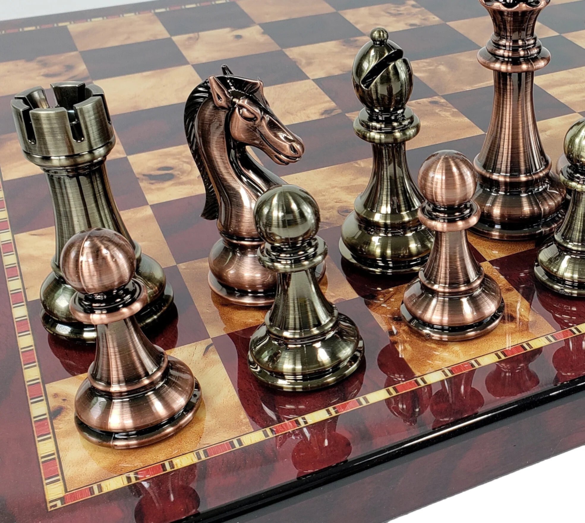 LARGE 4 3/8" King Copper  Gold Finish Staunton Chess Set 18" Cherry Color Board HPL