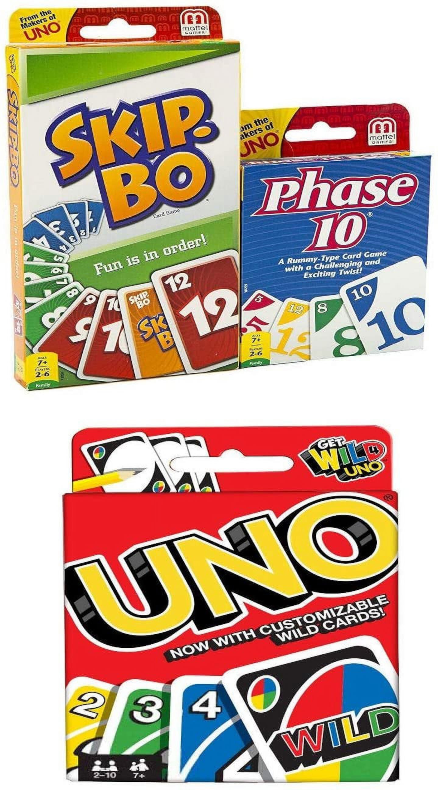 Mattel Uno Skip Bo and Phase 10 Combo Card Game Pack of 3 Mattel