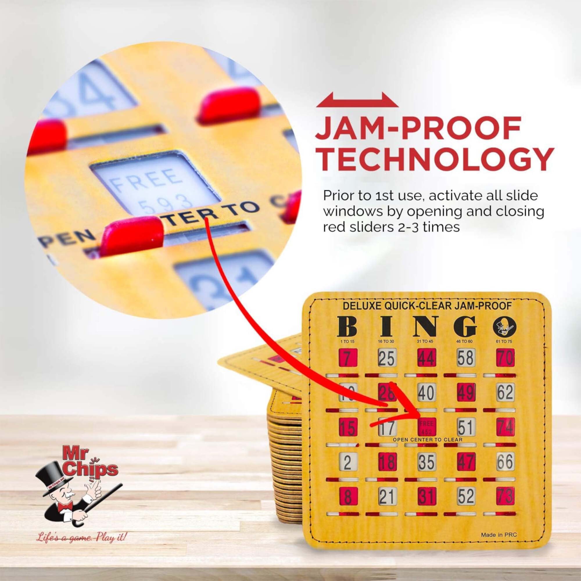 MR CHIPS Jam-Proof Bingo Cards with Sliding Windows - 25 Reusable Shutter Bingo Cards - 75 Bingo Calling Cards - 1 Bingo Master Board - Tan Style Mr. Chips